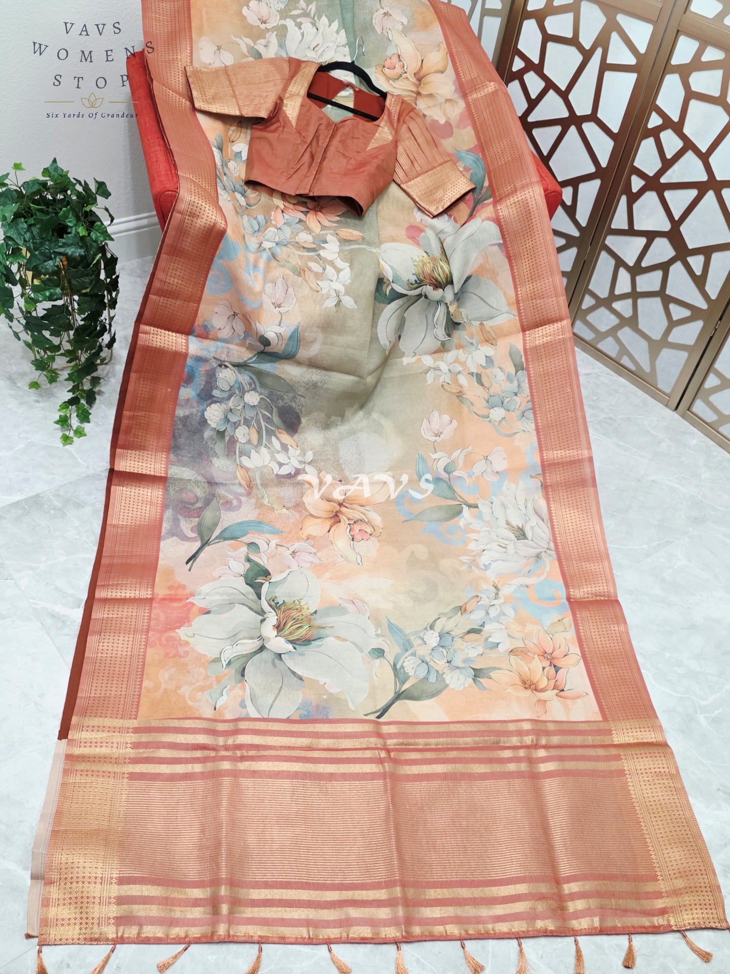 Champagne Peach & Sage Floral Print Soft Tissue Cotton Style Saree with Copper Border & Stepped Puff Blouse Size 34, Extendable to 40