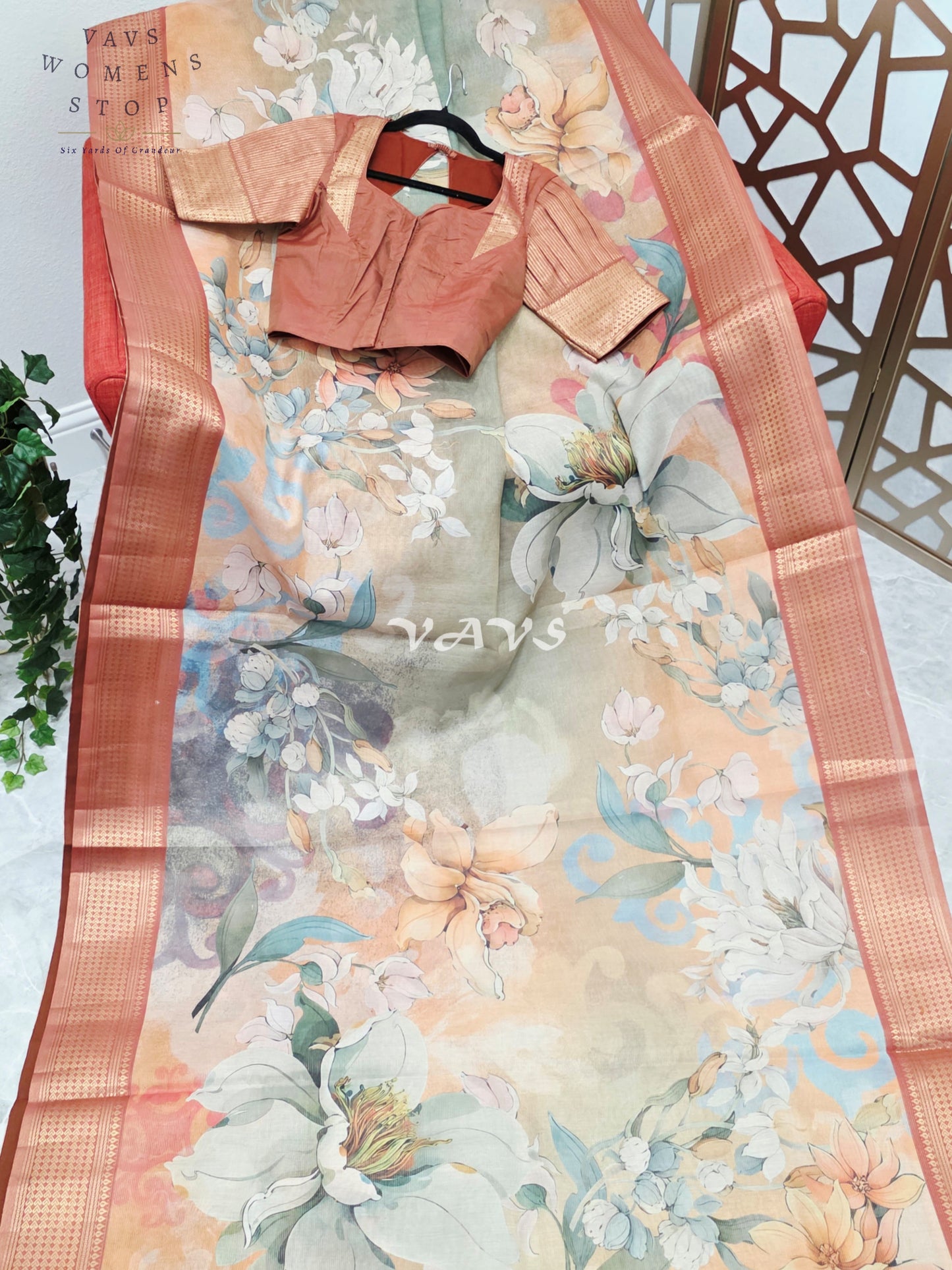 Champagne Peach & Sage Floral Print Soft Tissue Cotton Style Saree with Copper Border & Stepped Puff Blouse Size 34, Extendable to 40