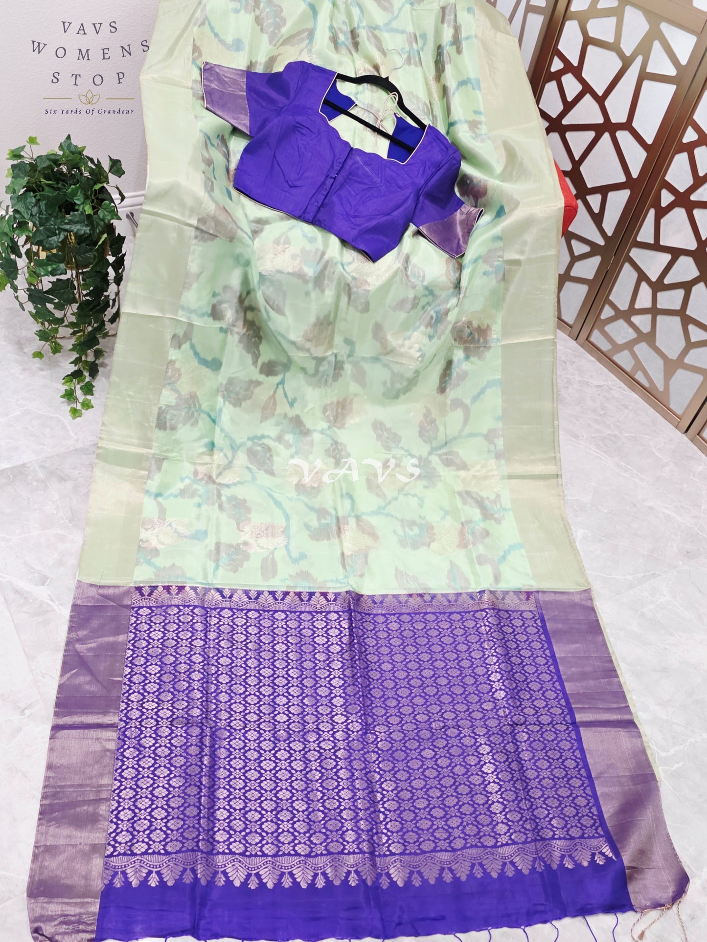 Pastel Mint Green Semi Kanchi Soft Silk Saree with Royal Amethyst Floral Pallu & Stitched Blouse Size 38, Extendable to 44