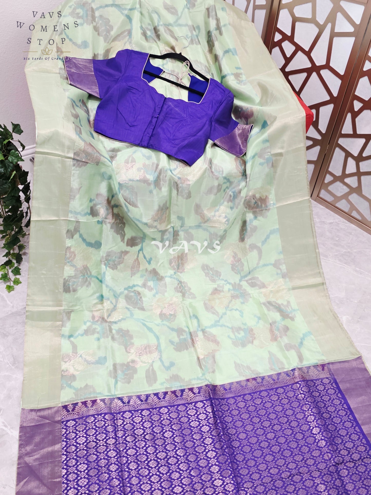 Pastel Mint Green Semi Kanchi Soft Silk Saree with Royal Amethyst Floral Pallu & Stitched Blouse Size 38, Extendable to 44