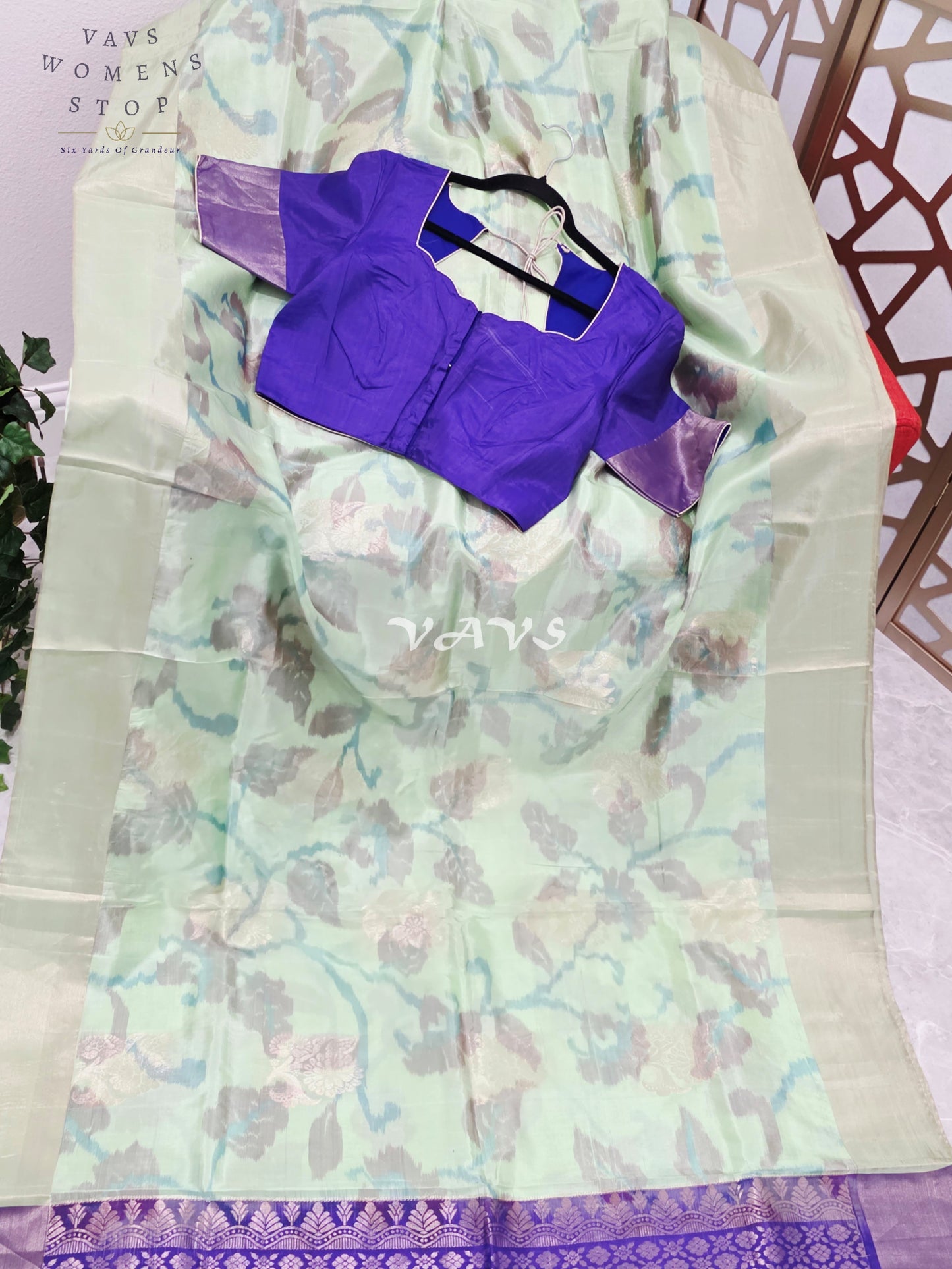 Pastel Mint Green Semi Kanchi Soft Silk Saree with Royal Amethyst Floral Pallu & Stitched Blouse Size 38, Extendable to 44