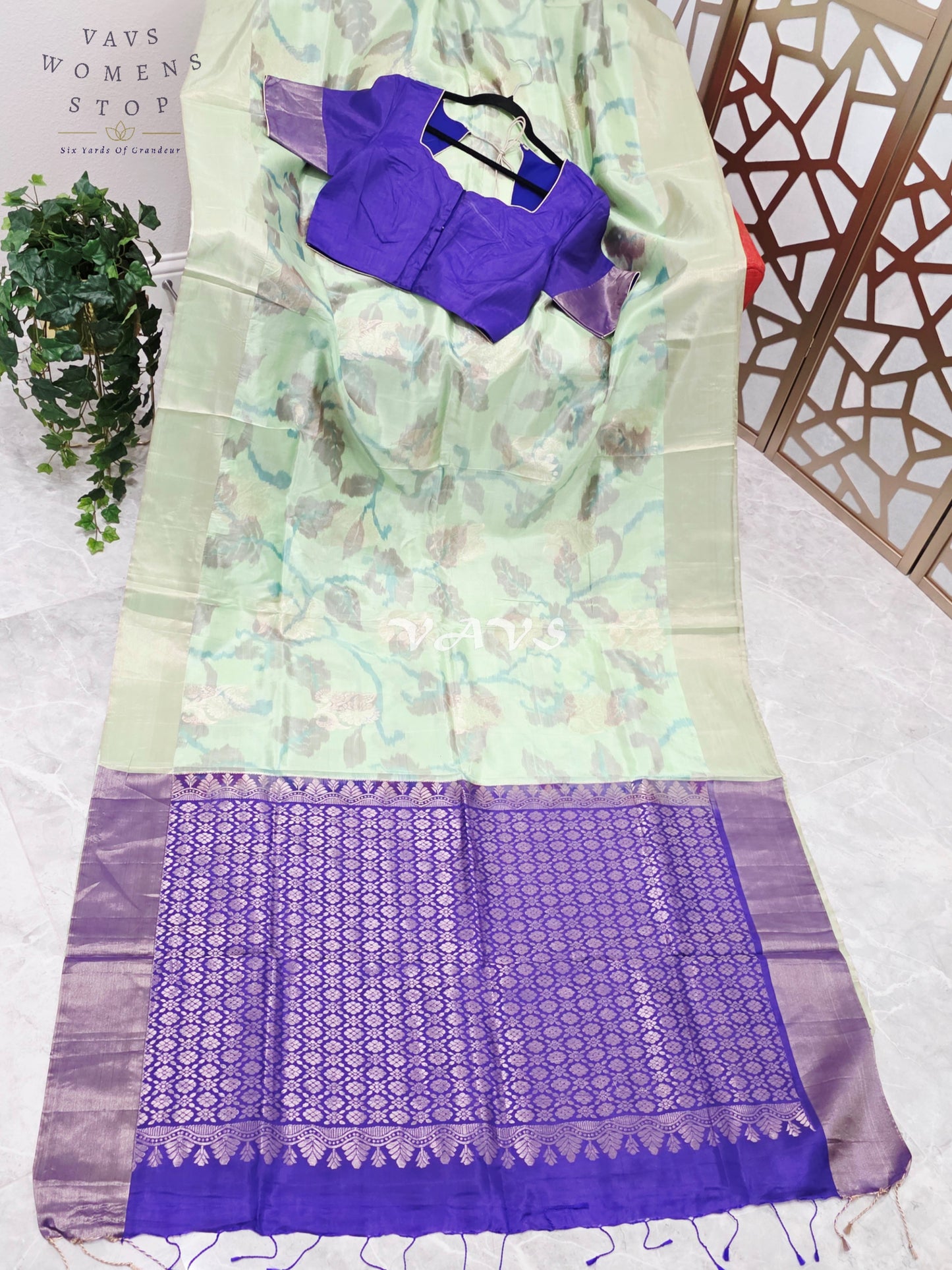 Pastel Mint Green Semi Kanchi Soft Silk Saree with Royal Amethyst Floral Pallu & Stitched Blouse Size 38, Extendable to 44