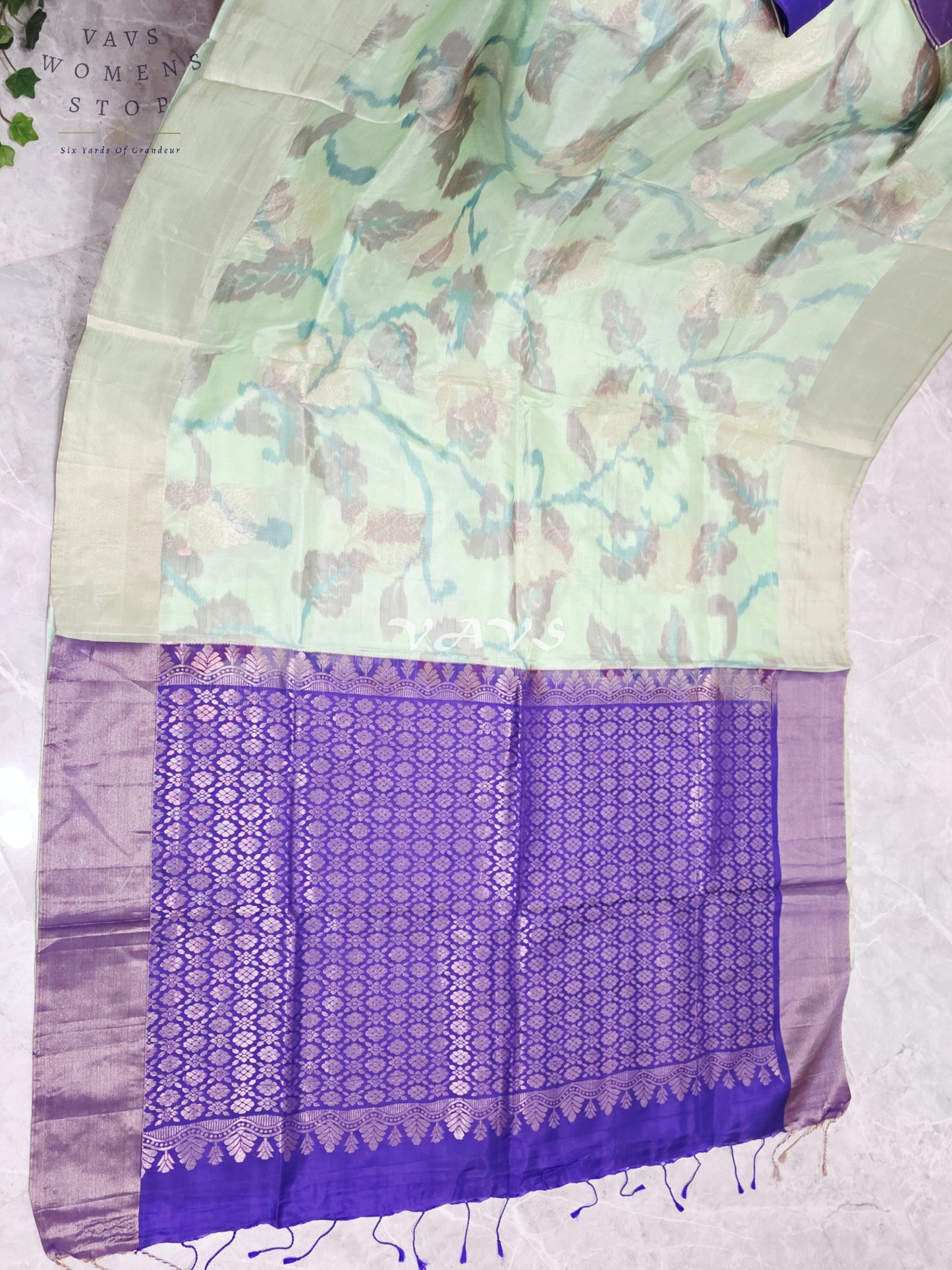 Pastel Mint Green Semi Kanchi Soft Silk Saree with Royal Amethyst Floral Pallu & Stitched Blouse Size 38, Extendable to 44