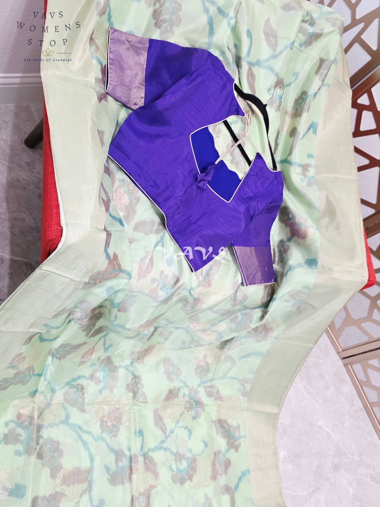 Pastel Mint Green Semi Kanchi Soft Silk Saree with Royal Amethyst Floral Pallu & Stitched Blouse Size 38, Extendable to 44