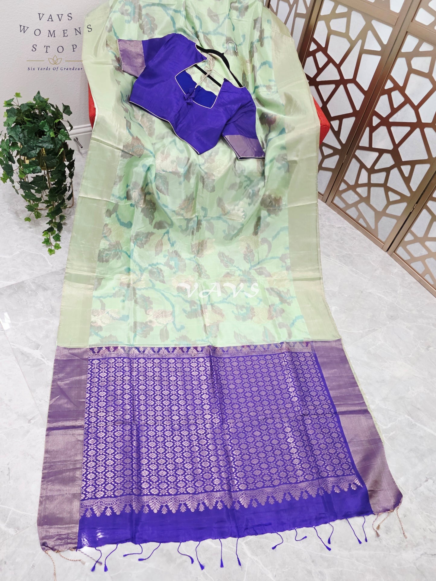 Pastel Mint Green Semi Kanchi Soft Silk Saree with Royal Amethyst Floral Pallu & Stitched Blouse Size 38, Extendable to 44