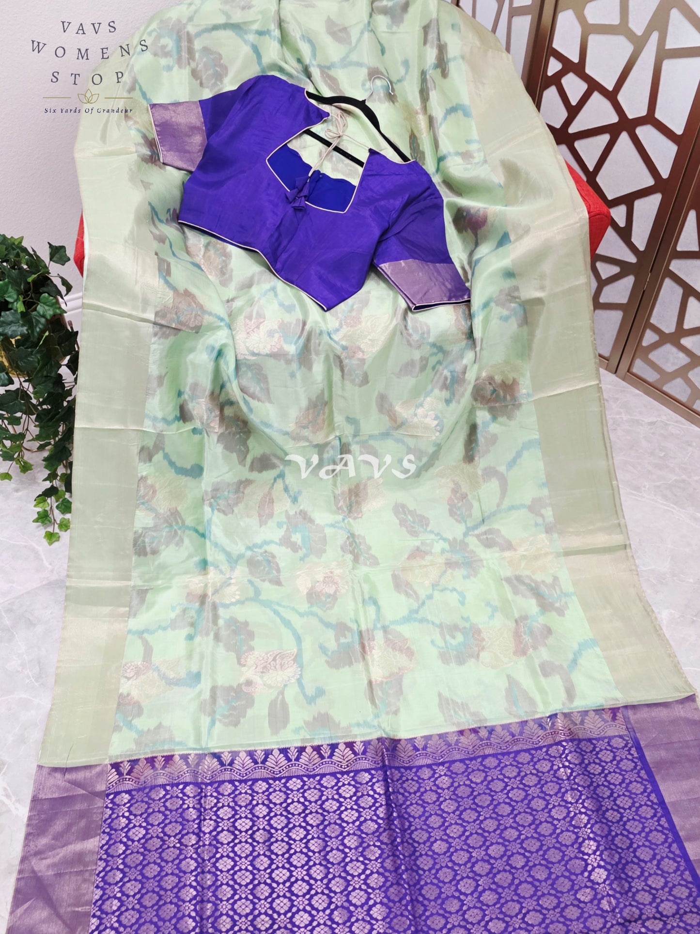 Pastel Mint Green Semi Kanchi Soft Silk Saree with Royal Amethyst Floral Pallu & Stitched Blouse Size 38, Extendable to 44