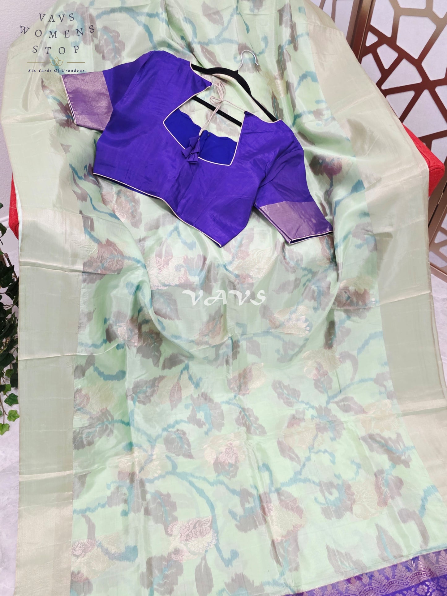 Pastel Mint Green Semi Kanchi Soft Silk Saree with Royal Amethyst Floral Pallu & Stitched Blouse Size 38, Extendable to 44