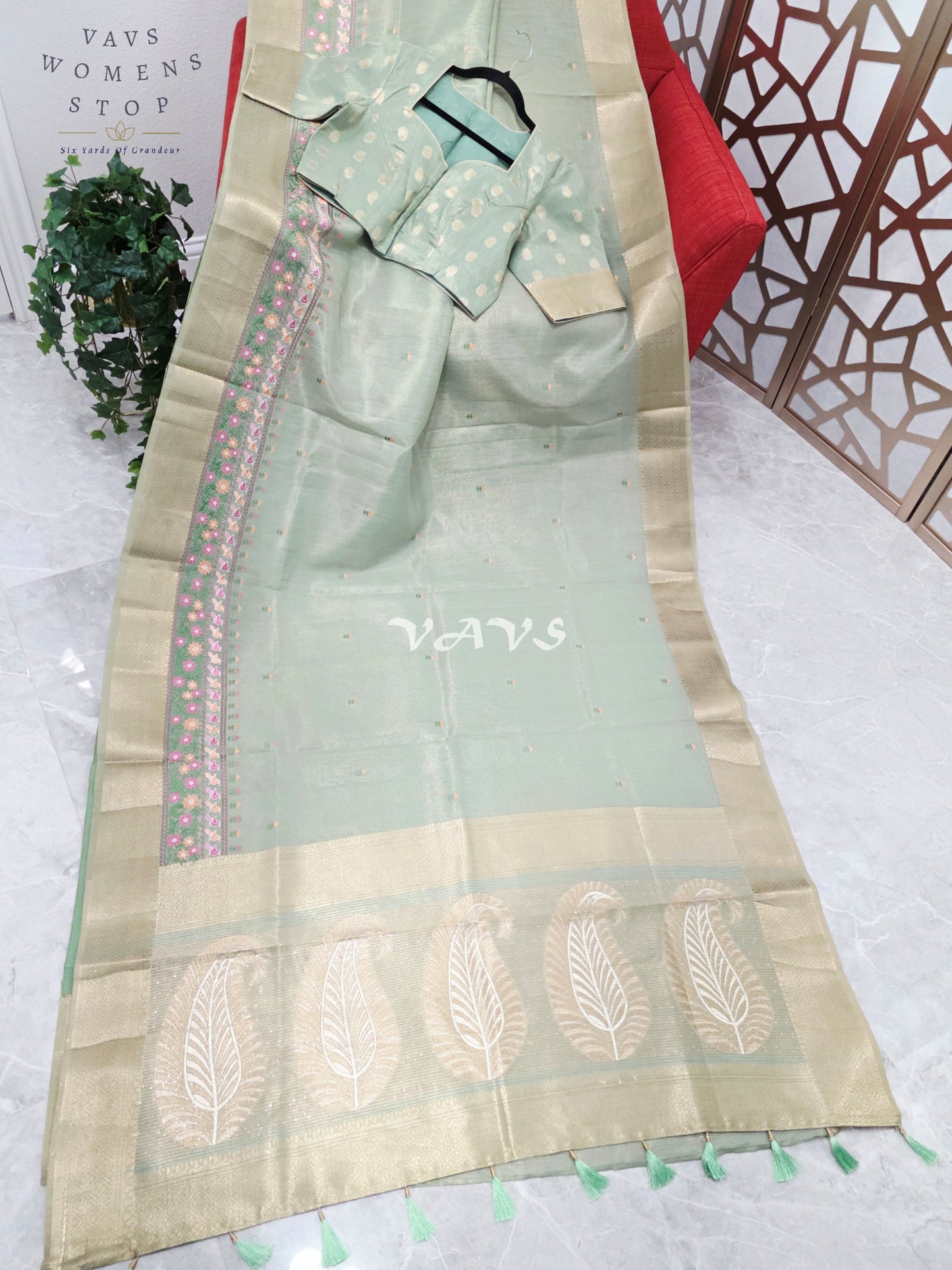 Pearl Sea Green Soft Tissue Cotton Style Embroidered Saree with Champagne Gold Border & Stitched Blouse Size 40, Extendable to 46