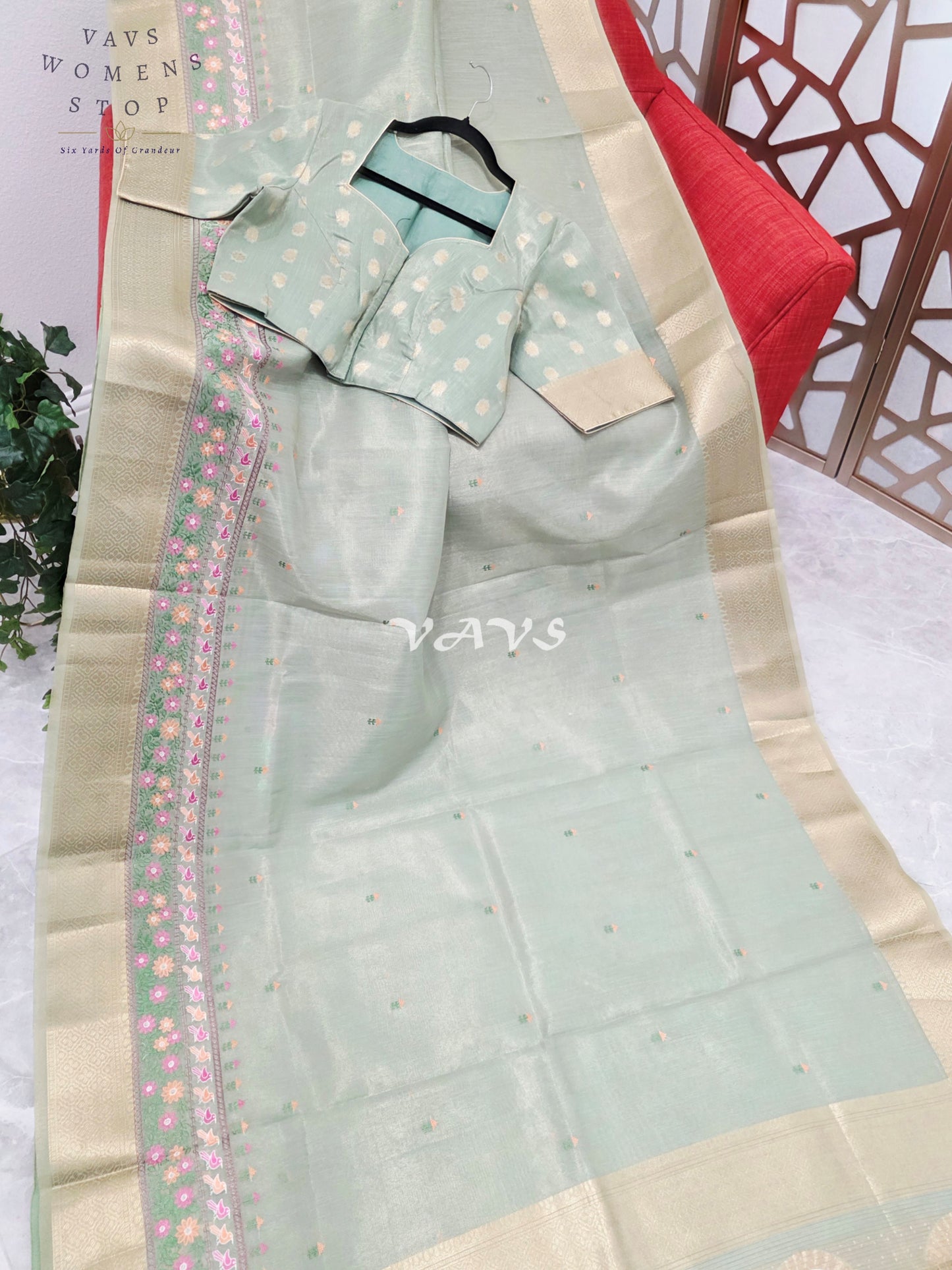 Pearl Sea Green Soft Tissue Cotton Style Embroidered Saree with Champagne Gold Border & Stitched Blouse Size 40, Extendable to 46