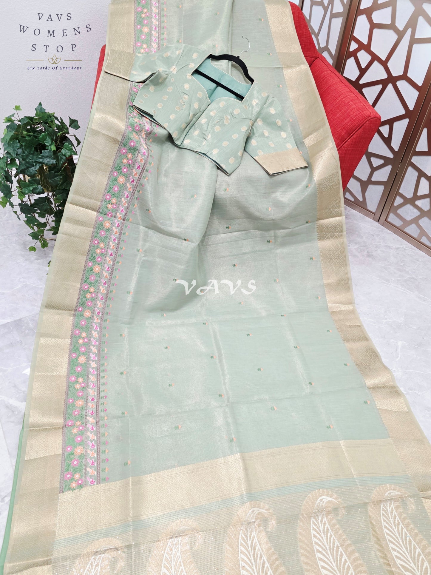 Pearl Sea Green Soft Tissue Cotton Style Embroidered Saree with Champagne Gold Border & Stitched Blouse Size 40, Extendable to 46