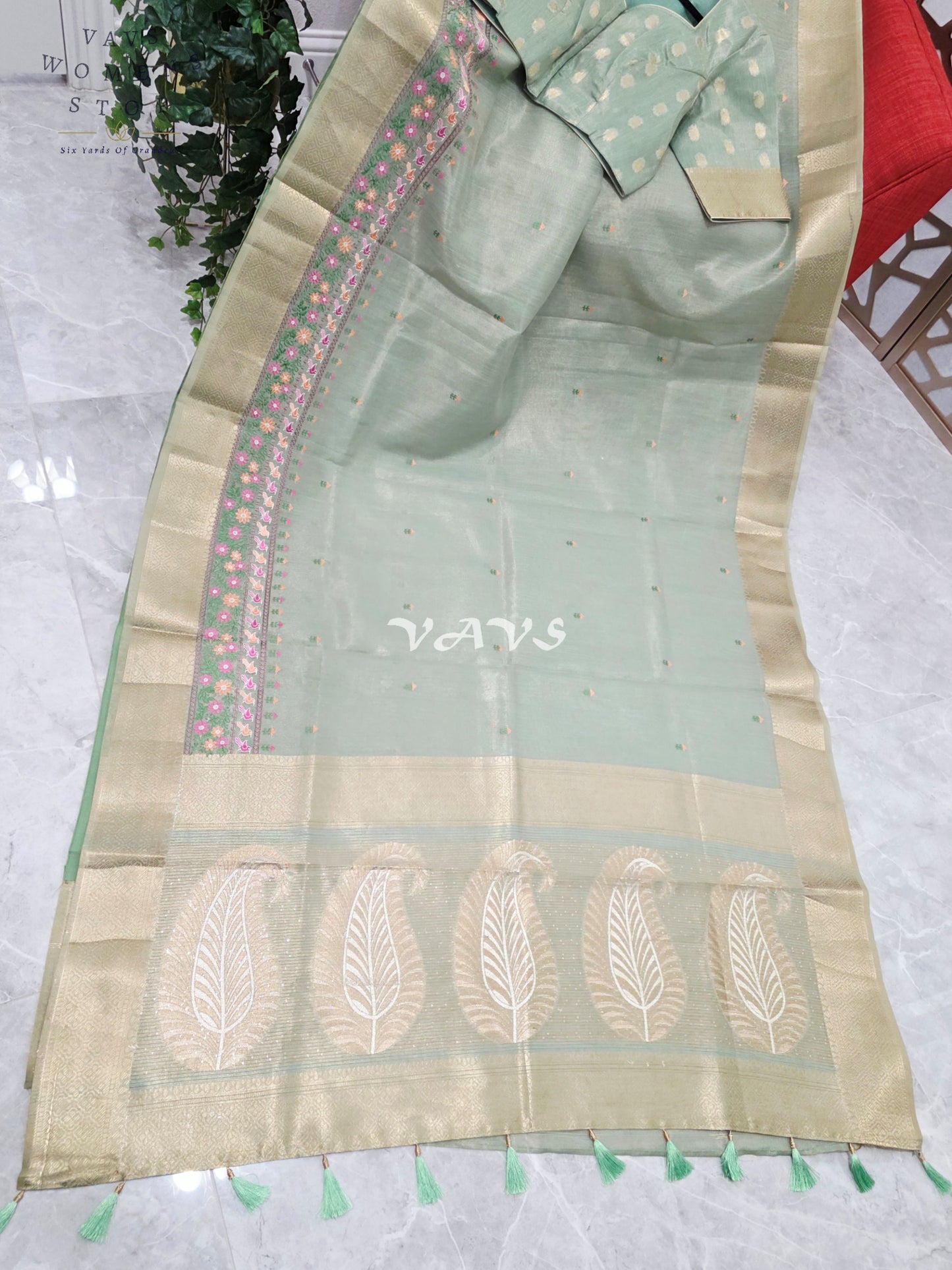 Pearl Sea Green Soft Tissue Cotton Style Embroidered Saree with Champagne Gold Border & Stitched Blouse Size 40, Extendable to 46