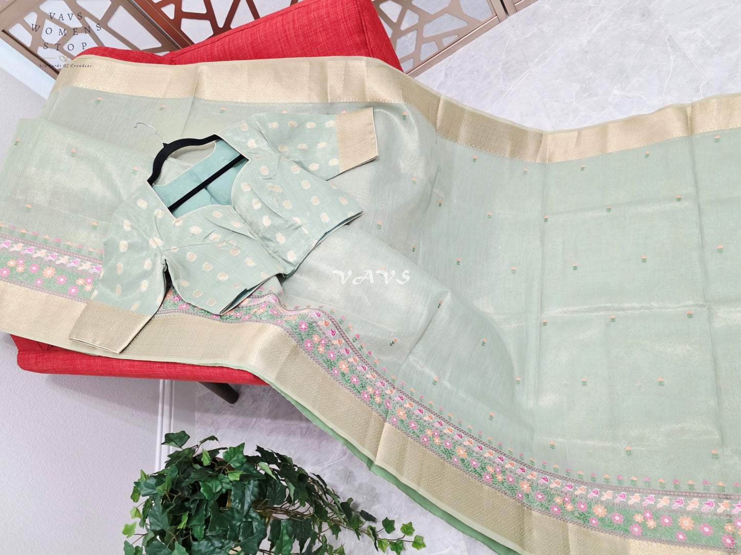 Pearl Sea Green Soft Tissue Cotton Style Embroidered Saree with Champagne Gold Border & Stitched Blouse Size 40, Extendable to 46