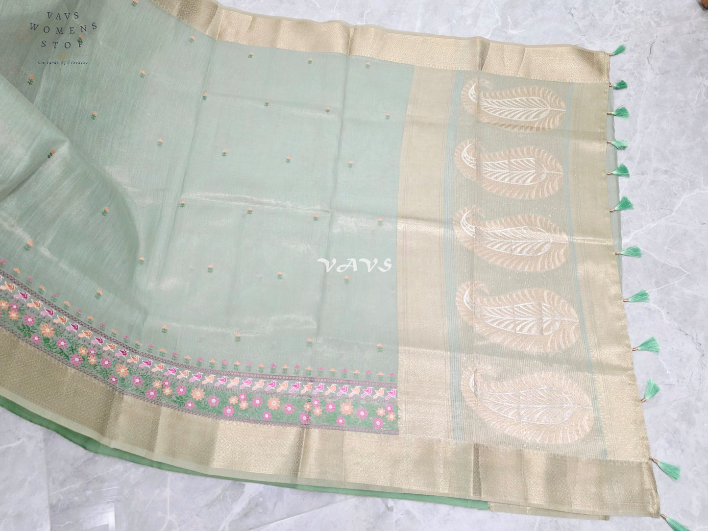 Pearl Sea Green Soft Tissue Cotton Style Embroidered Saree with Champagne Gold Border & Stitched Blouse Size 40, Extendable to 46