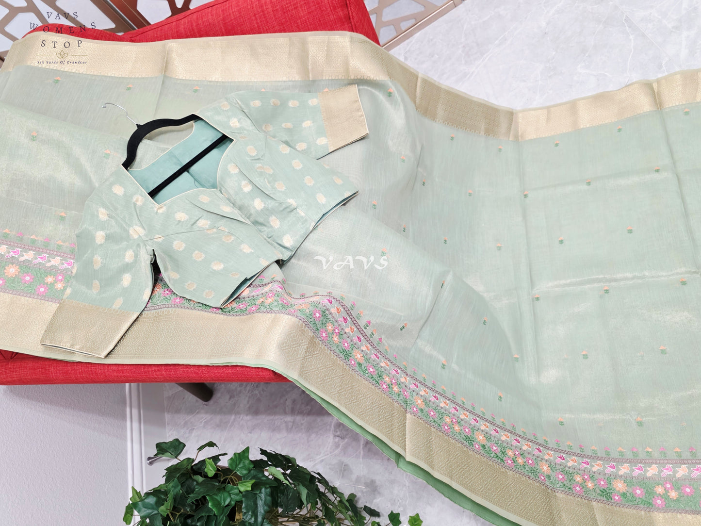 Pearl Sea Green Soft Tissue Cotton Style Embroidered Saree with Champagne Gold Border & Stitched Blouse Size 40, Extendable to 46