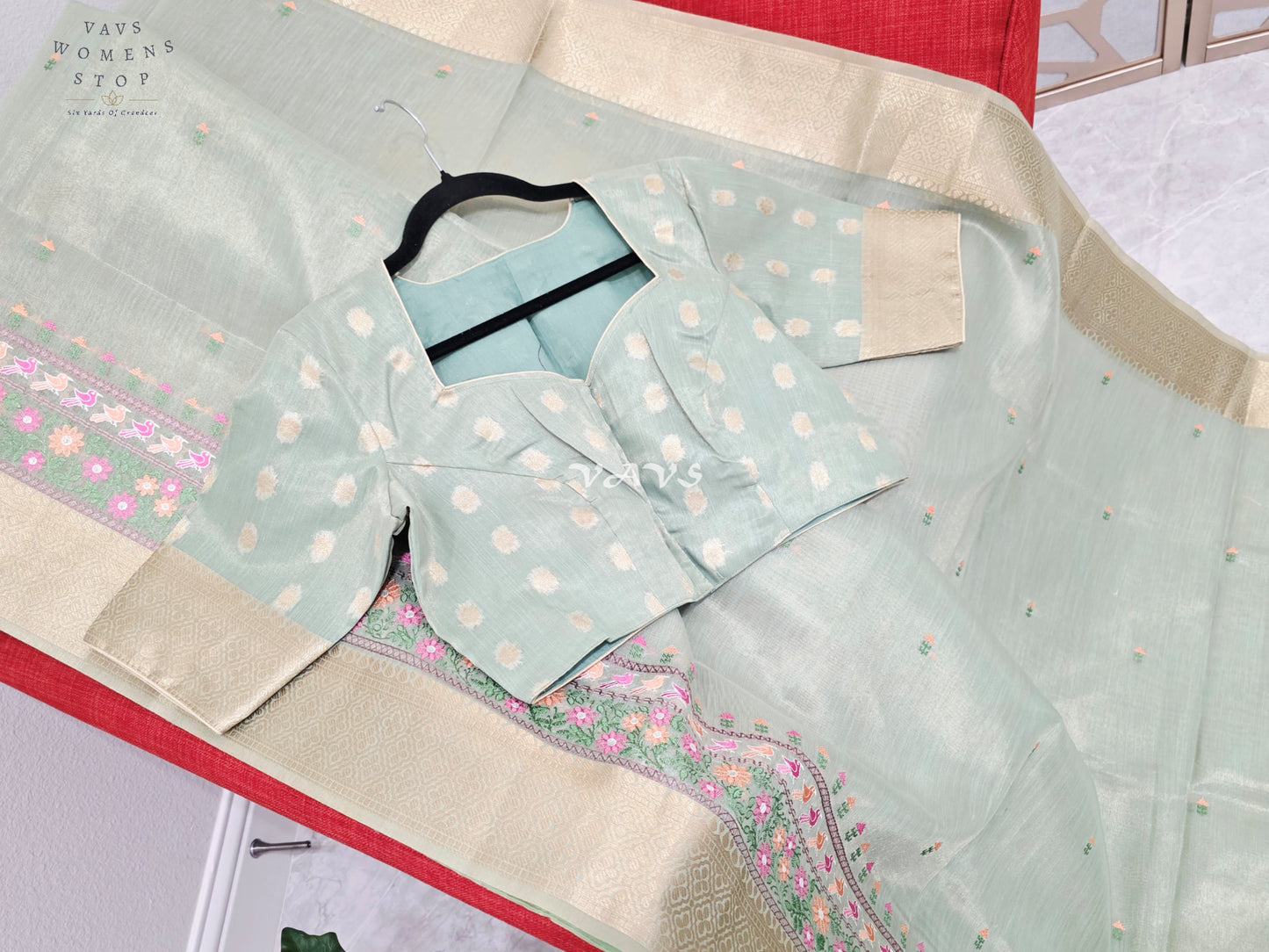 Pearl Sea Green Soft Tissue Cotton Style Embroidered Saree with Champagne Gold Border & Stitched Blouse Size 40, Extendable to 46