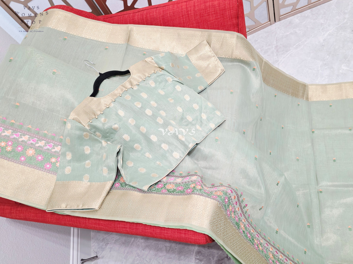 Pearl Sea Green Soft Tissue Cotton Style Embroidered Saree with Champagne Gold Border & Stitched Blouse Size 40, Extendable to 46