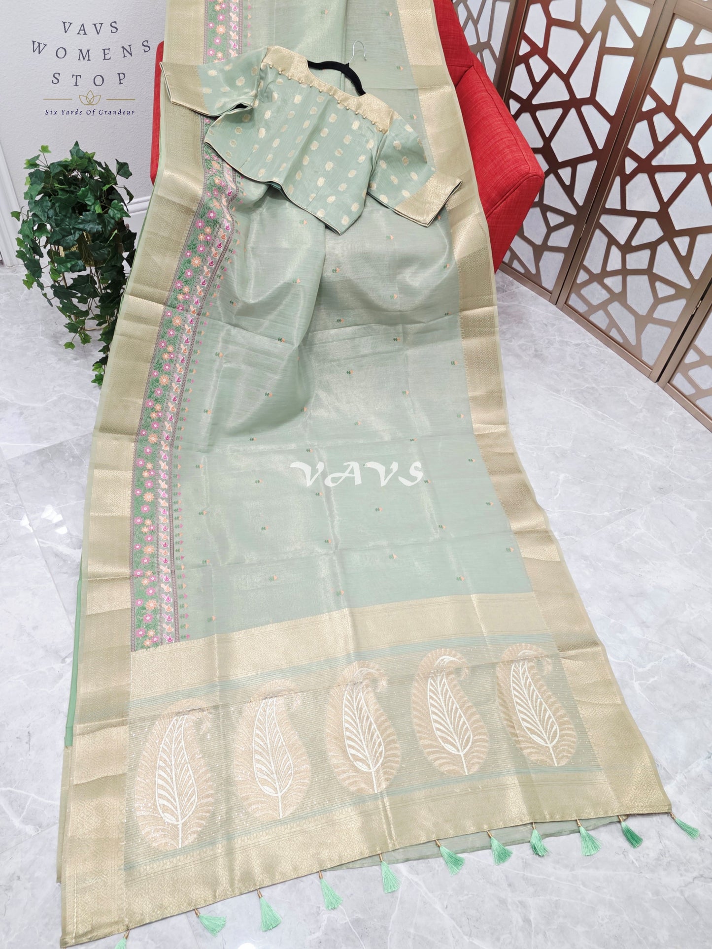 Pearl Sea Green Soft Tissue Cotton Style Embroidered Saree with Champagne Gold Border & Stitched Blouse Size 40, Extendable to 46