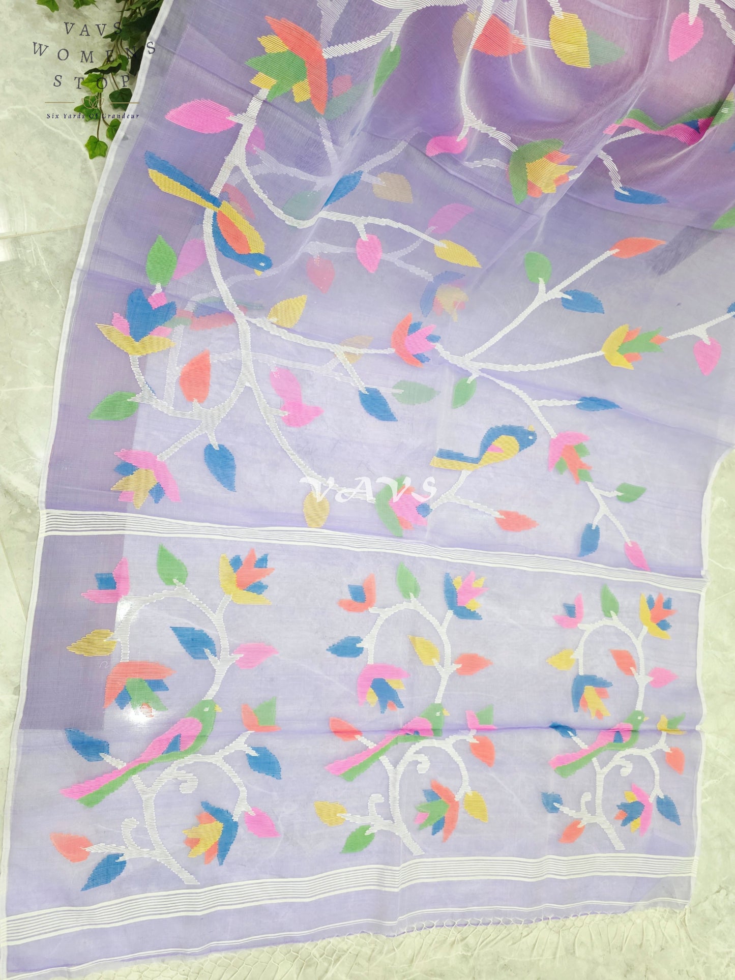 Soft Lavender Pure Muslin Silk Jamdani Saree with Multicolor Bird & Floral Motifs and Stitched Scalloped Blouse Size 40, Extendable to 46