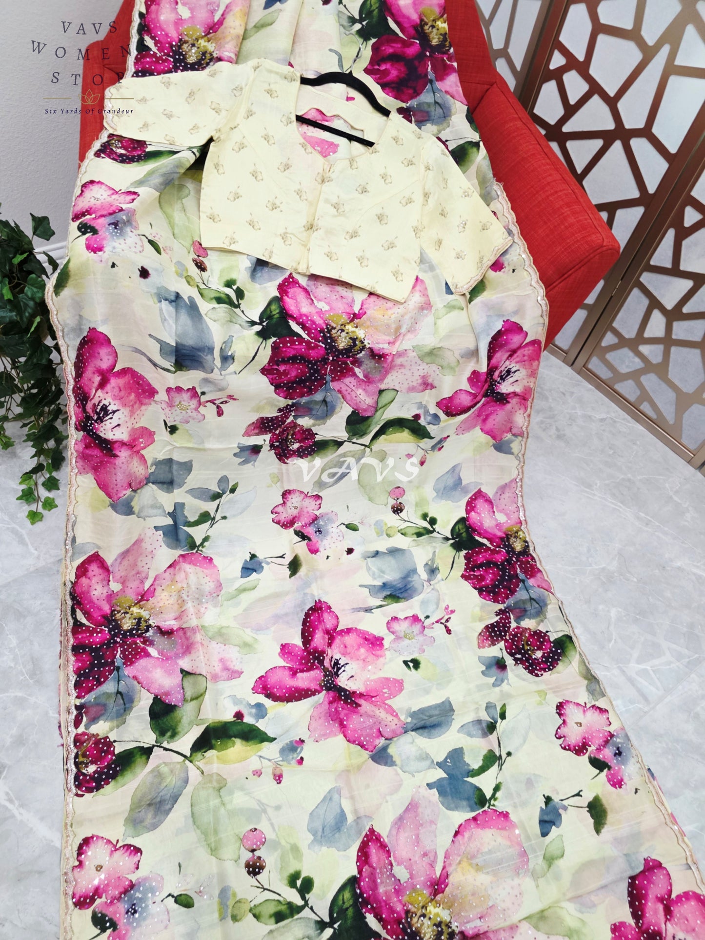 Buttercream Ivory Floral Russian Crepe Silk Saree with Champagne Sequin Border & Stitched Blouse Size 40, Extendable to 46