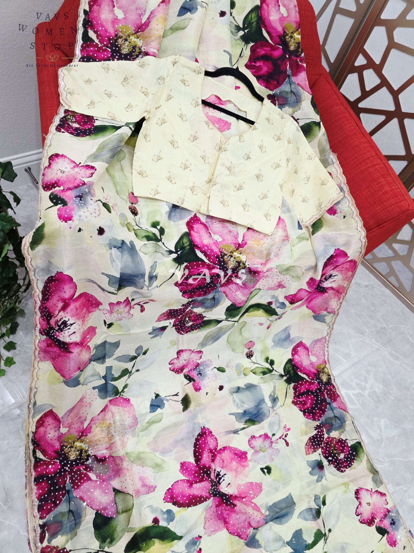 Buttercream Ivory Floral Russian Crepe Silk Saree with Champagne Sequin Border & Stitched Blouse Size 40, Extendable to 46