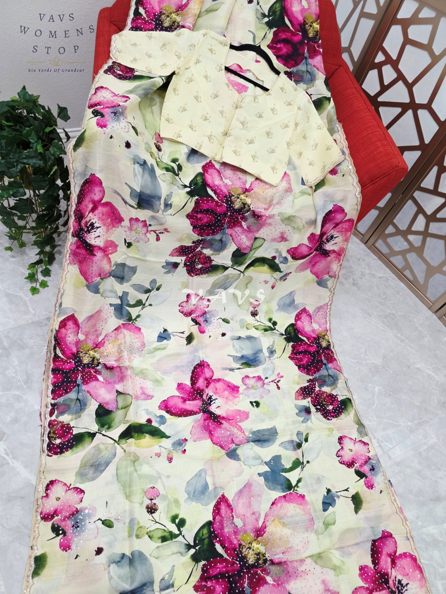 Buttercream Ivory Floral Russian Crepe Silk Saree with Champagne Sequin Border & Stitched Blouse Size 40, Extendable to 46