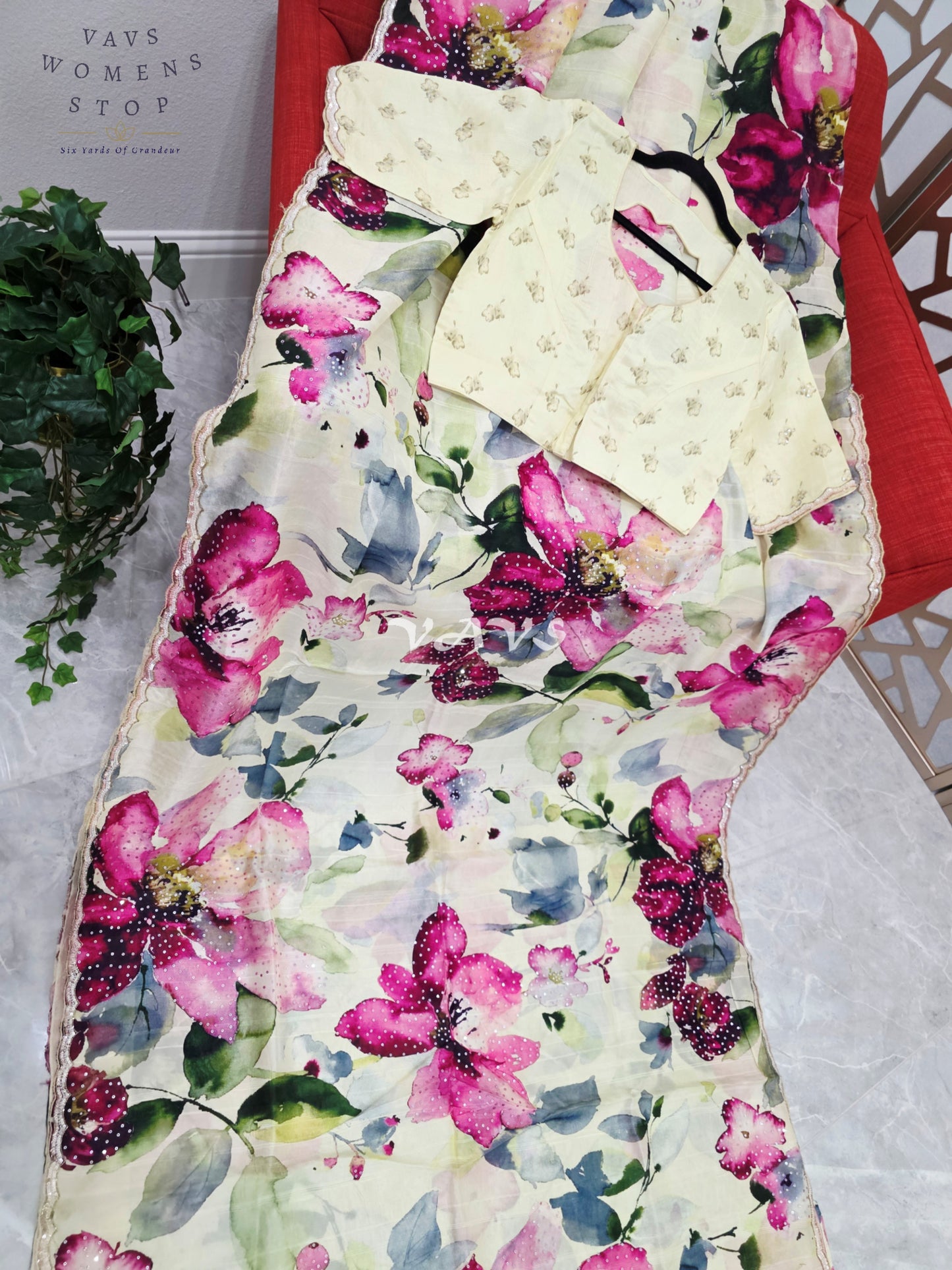 Buttercream Ivory Floral Russian Crepe Silk Saree with Champagne Sequin Border & Stitched Blouse Size 40, Extendable to 46