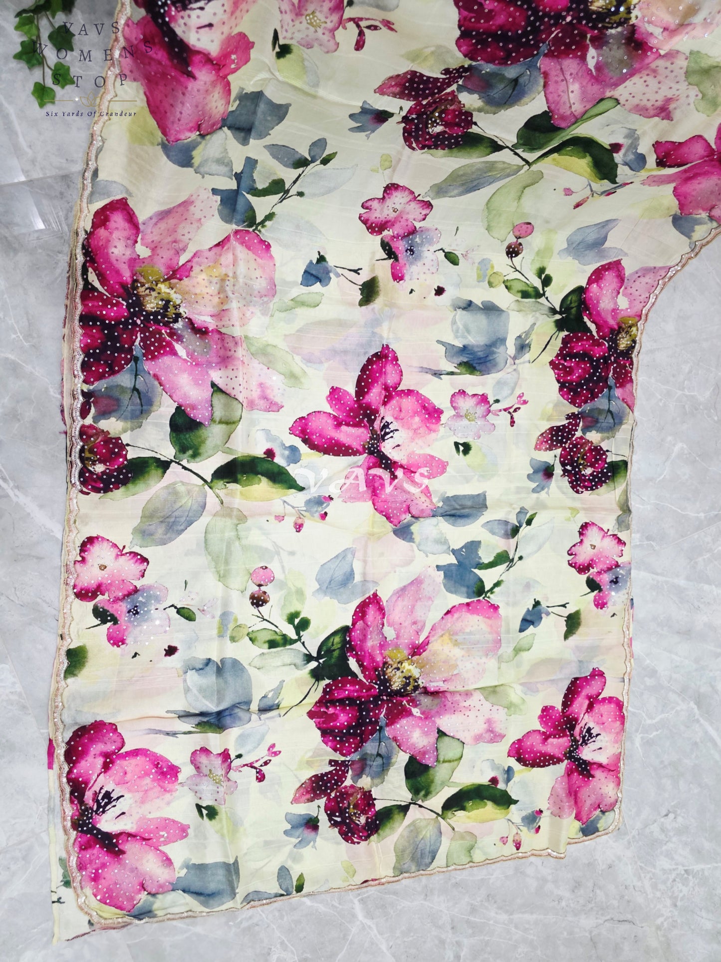 Buttercream Ivory Floral Russian Crepe Silk Saree with Champagne Sequin Border & Stitched Blouse Size 40, Extendable to 46