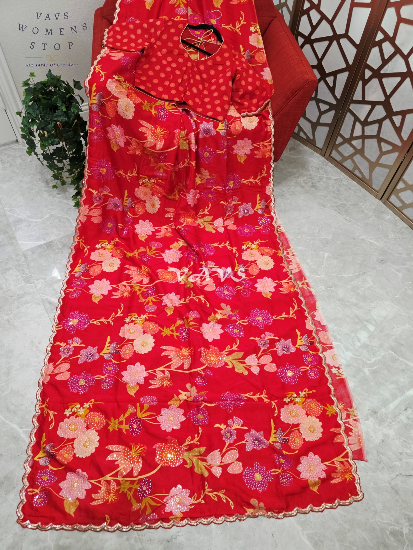 Scarlet Red Floral Russian Crepe Silk Saree with Champagne Sequin Border & Stitched Blouse Size 40, Extendable to 46