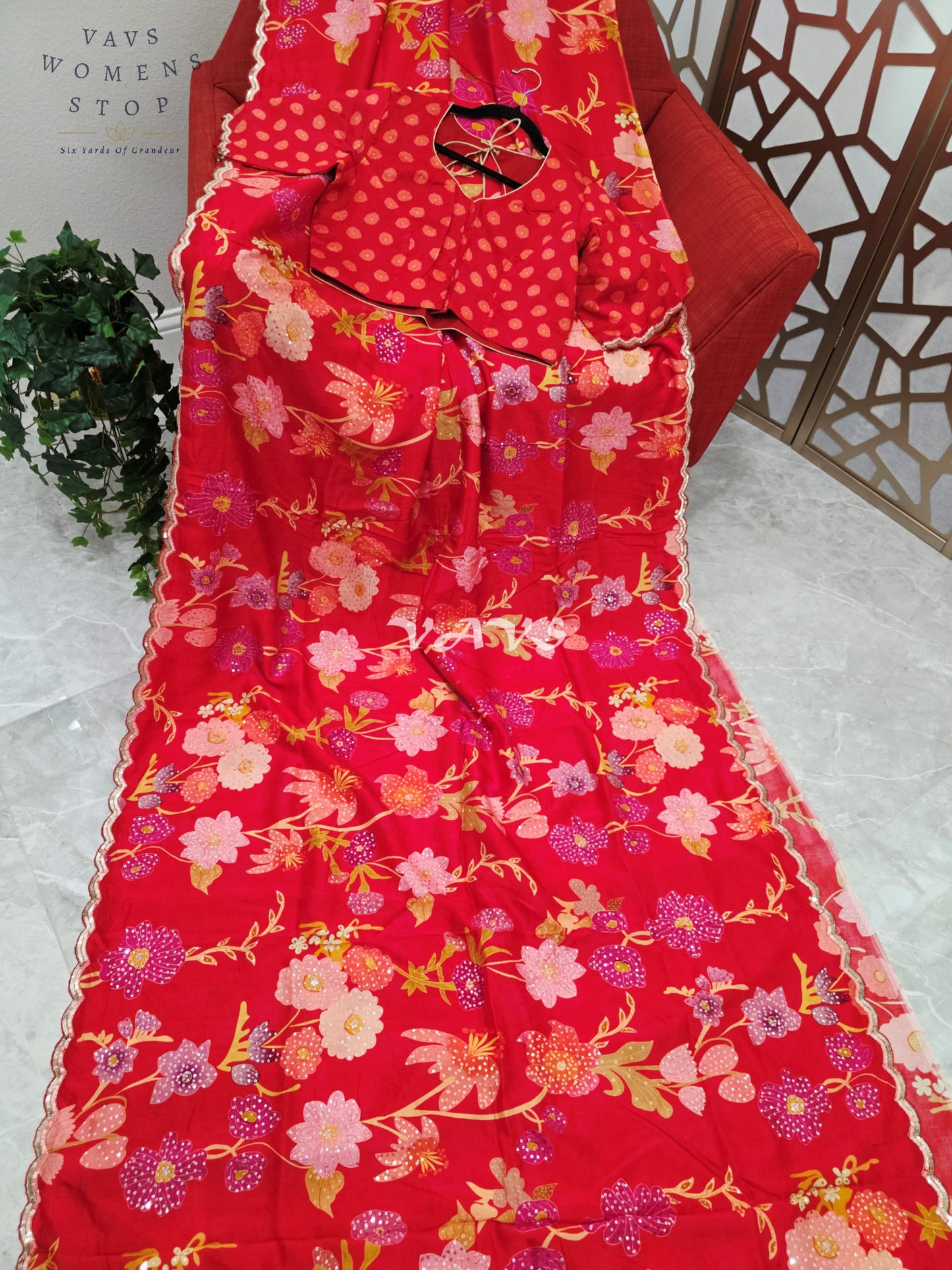 Scarlet Red Floral Russian Crepe Silk Saree with Champagne Sequin Border & Stitched Blouse Size 40, Extendable to 46