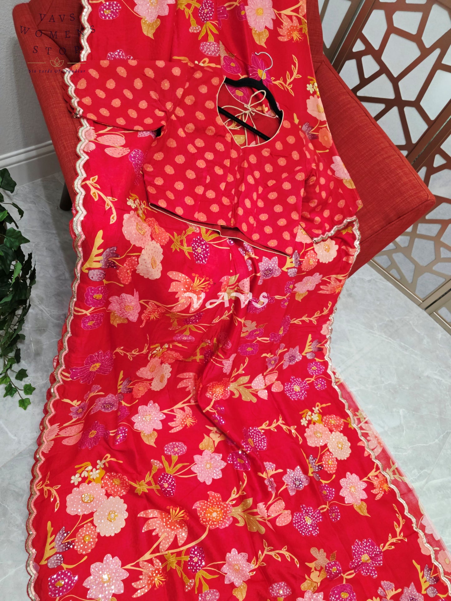 Scarlet Red Floral Russian Crepe Silk Saree with Champagne Sequin Border & Stitched Blouse Size 40, Extendable to 46