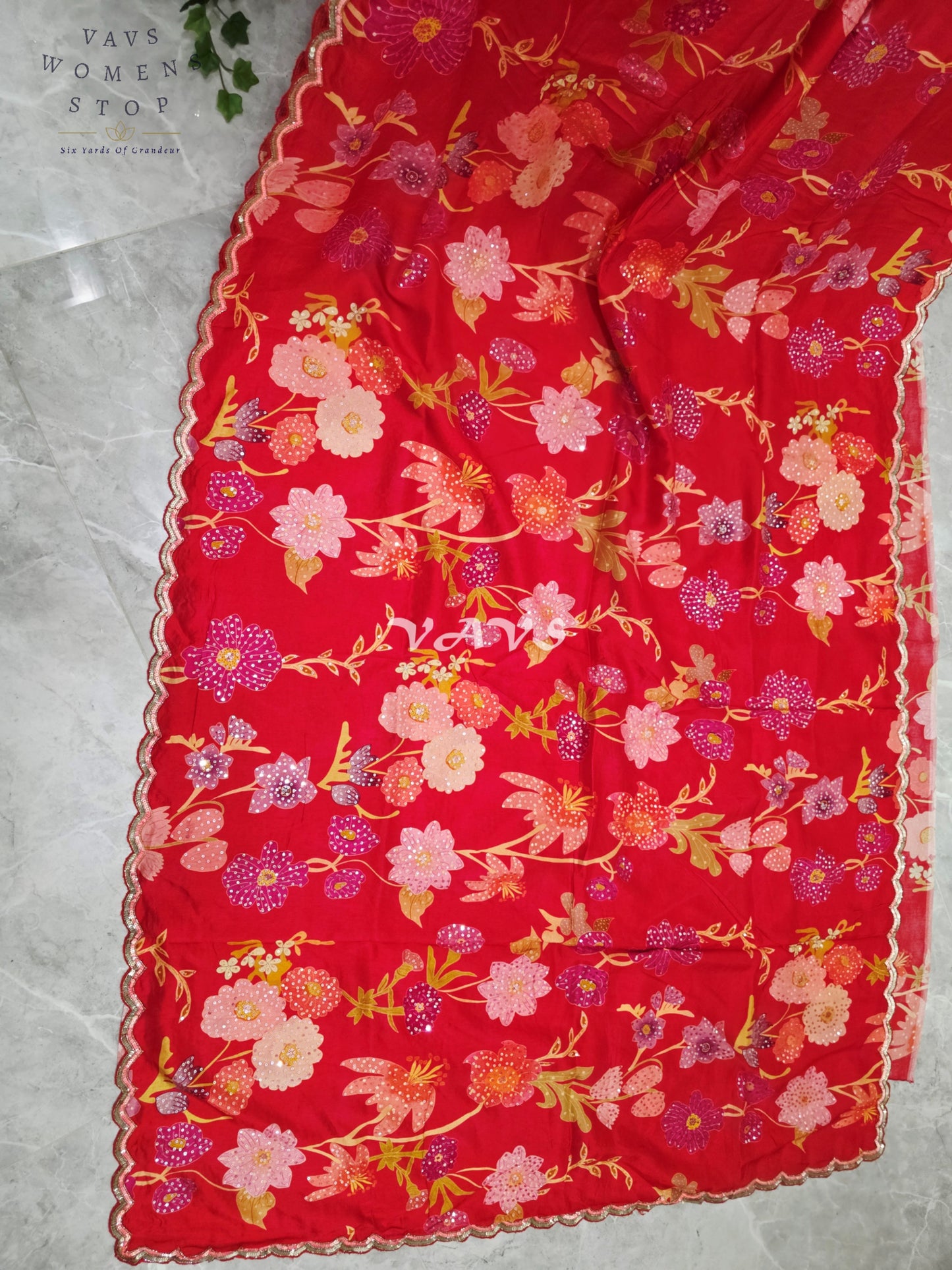 Scarlet Red Floral Russian Crepe Silk Saree with Champagne Sequin Border & Stitched Blouse Size 40, Extendable to 46