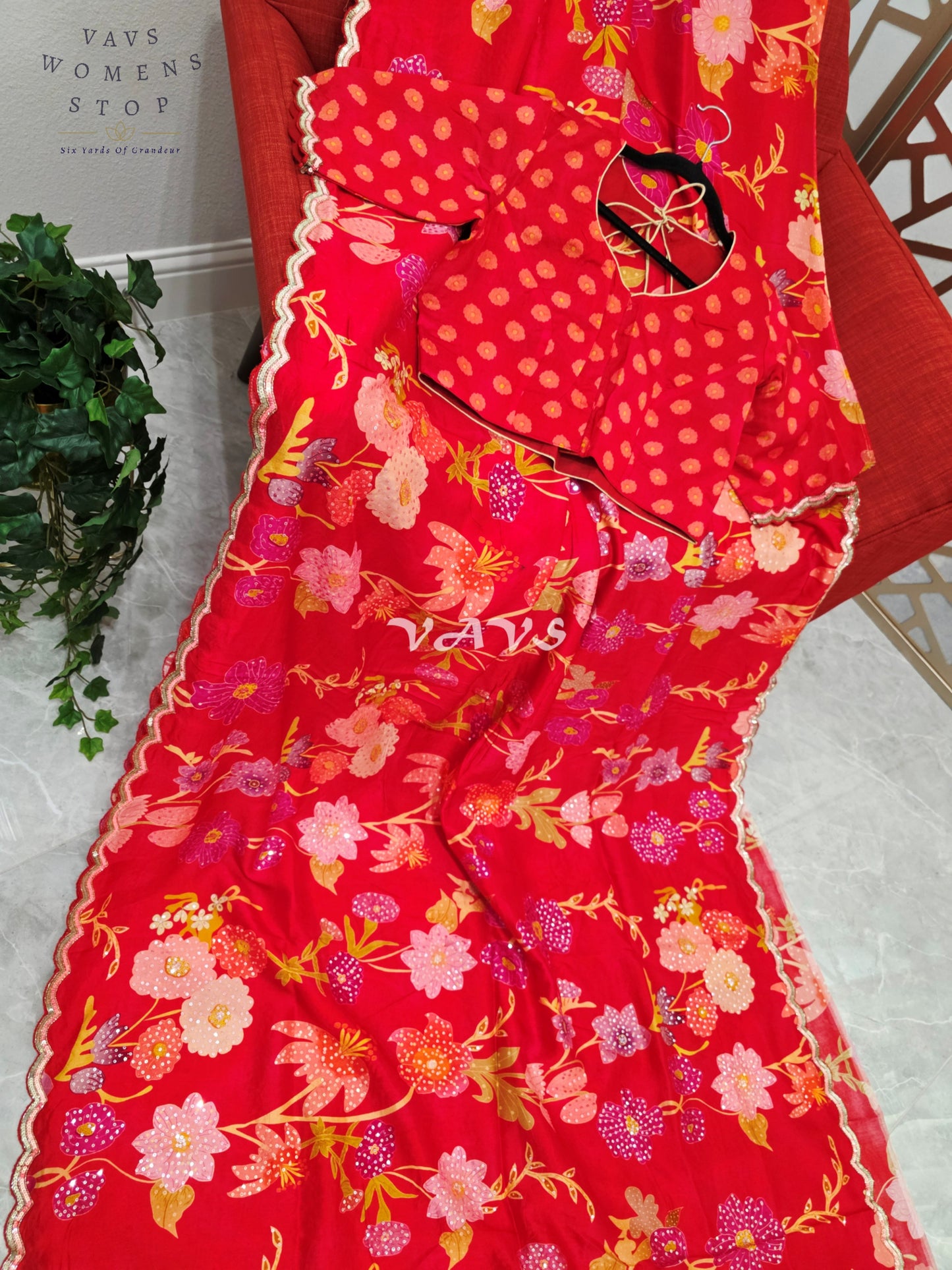 Scarlet Red Floral Russian Crepe Silk Saree with Champagne Sequin Border & Stitched Blouse Size 40, Extendable to 46
