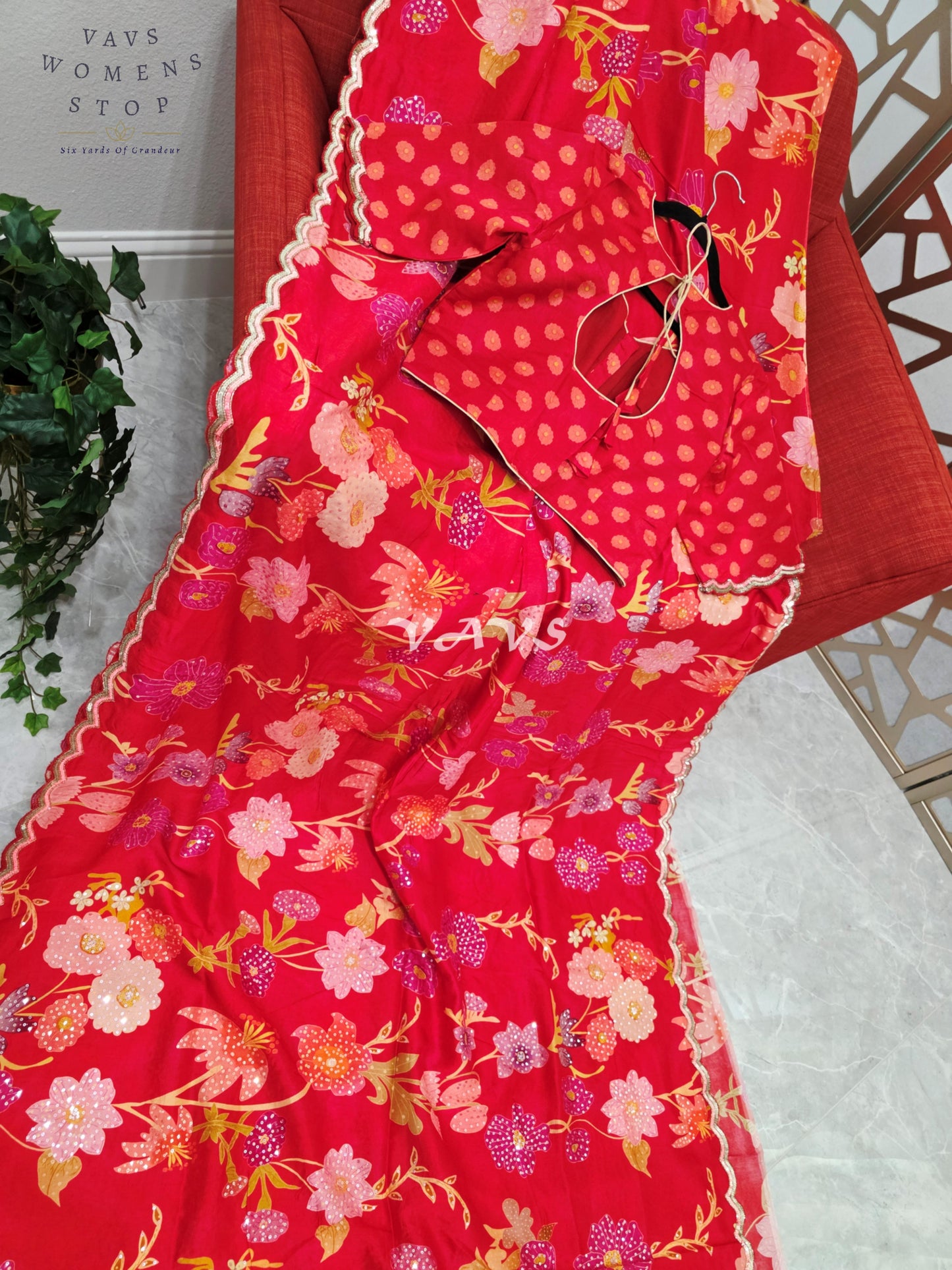 Scarlet Red Floral Russian Crepe Silk Saree with Champagne Sequin Border & Stitched Blouse Size 40, Extendable to 46