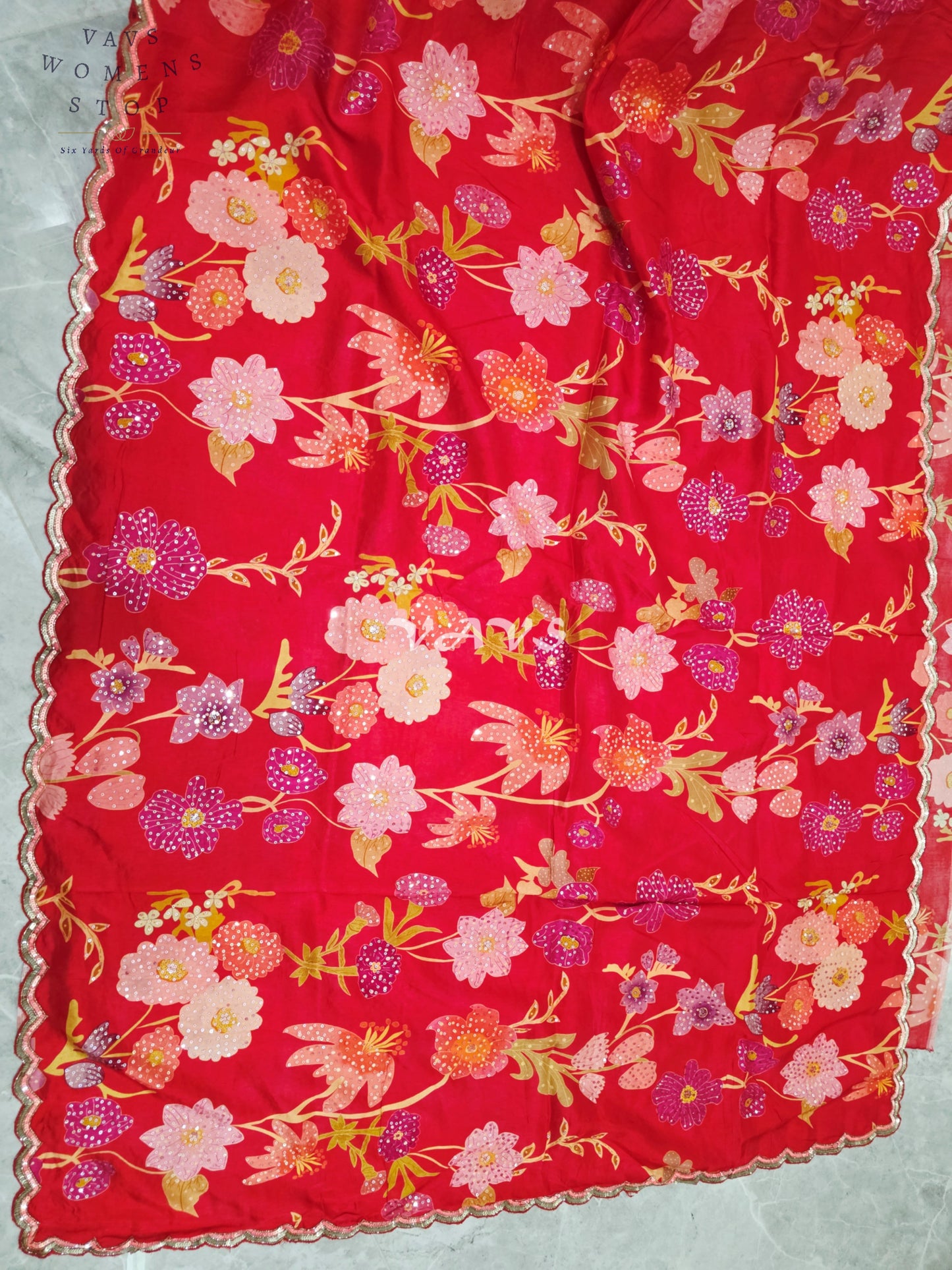 Scarlet Red Floral Russian Crepe Silk Saree with Champagne Sequin Border & Stitched Blouse Size 40, Extendable to 46