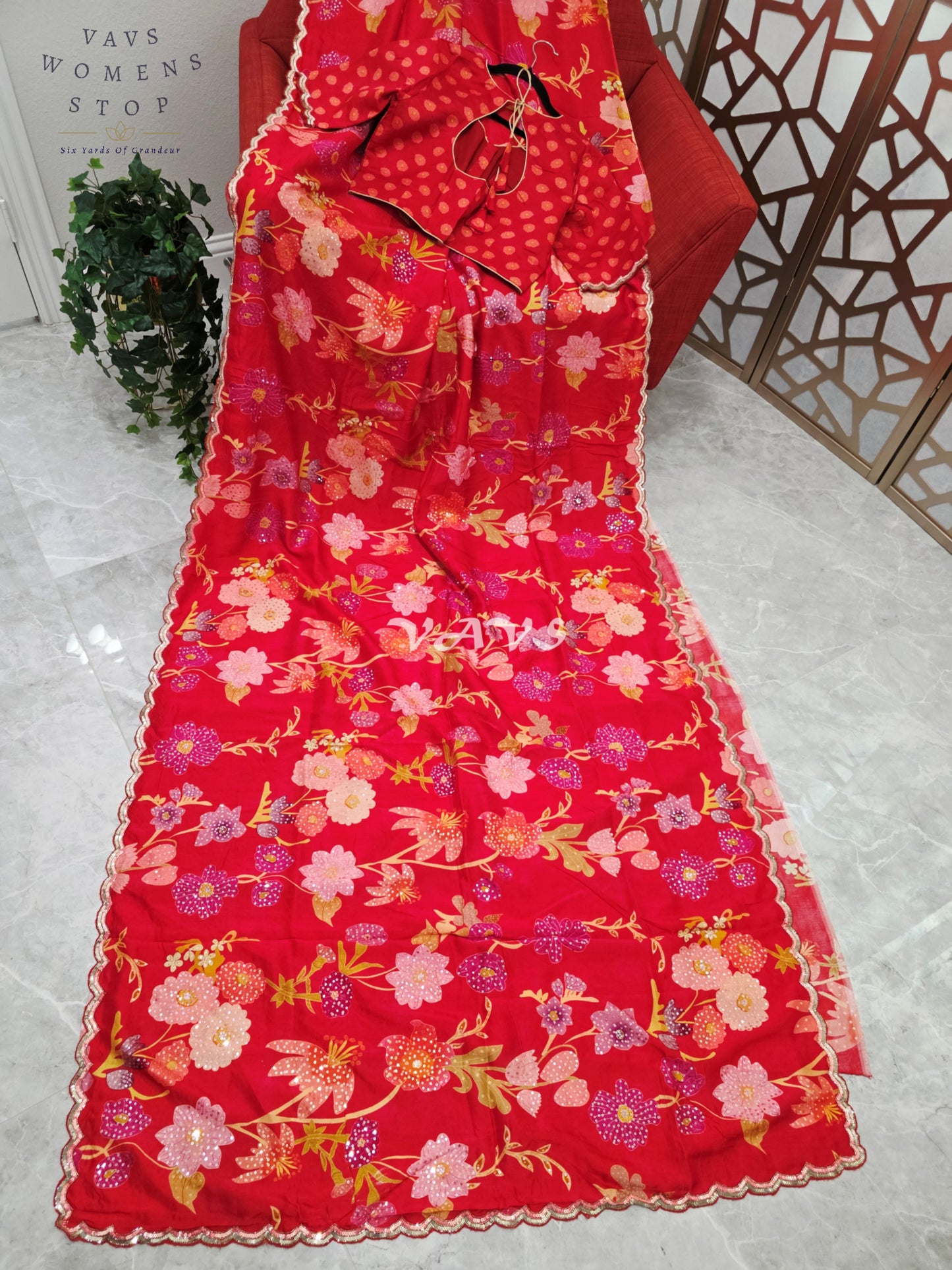 Scarlet Red Floral Russian Crepe Silk Saree with Champagne Sequin Border & Stitched Blouse Size 40, Extendable to 46
