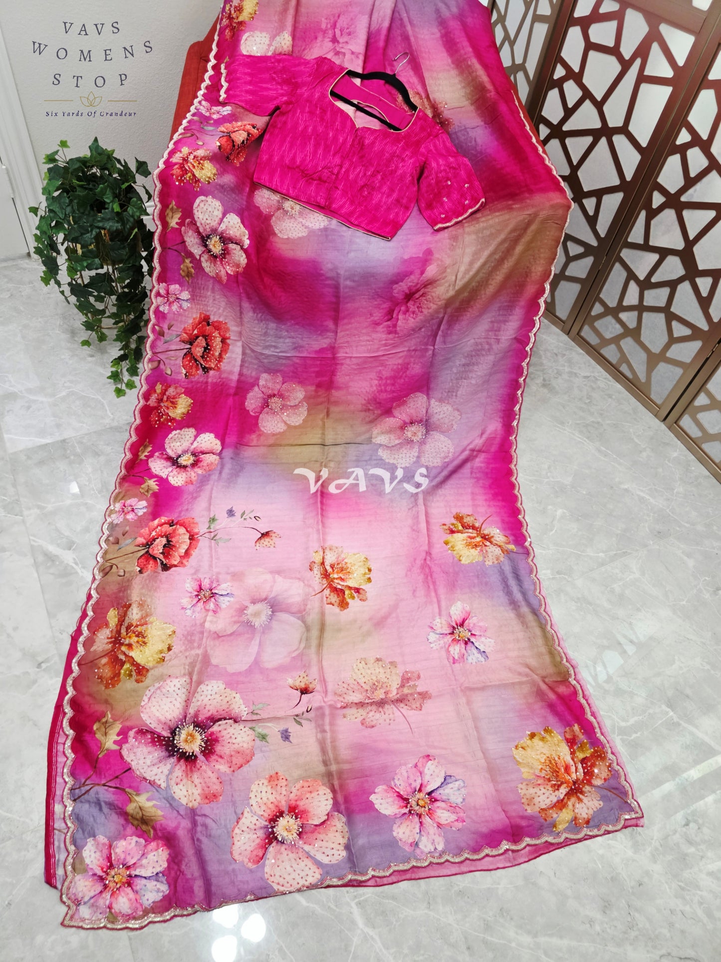 Fuchsia Pink & Lavender Floral Russian Crepe Silk Saree with Scalloped Sequin Border & Stitched Blouse Size 36, Extendable to 42