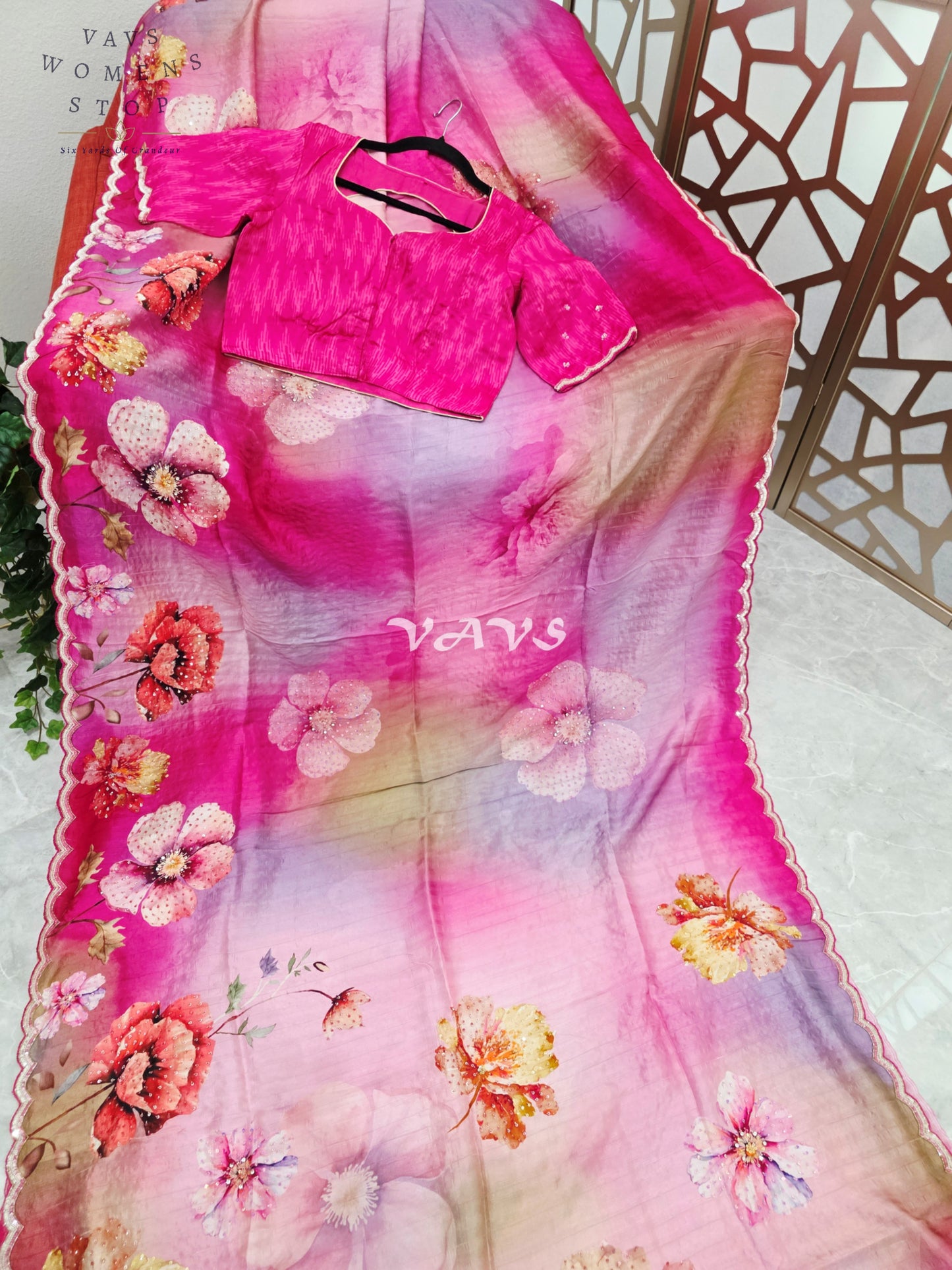 Fuchsia Pink & Lavender Floral Russian Crepe Silk Saree with Scalloped Sequin Border & Stitched Blouse Size 36, Extendable to 42