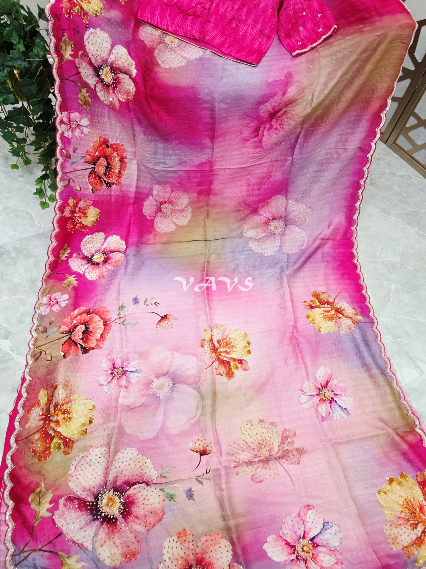 Fuchsia Pink & Lavender Floral Russian Crepe Silk Saree with Scalloped Sequin Border & Stitched Blouse Size 36, Extendable to 42
