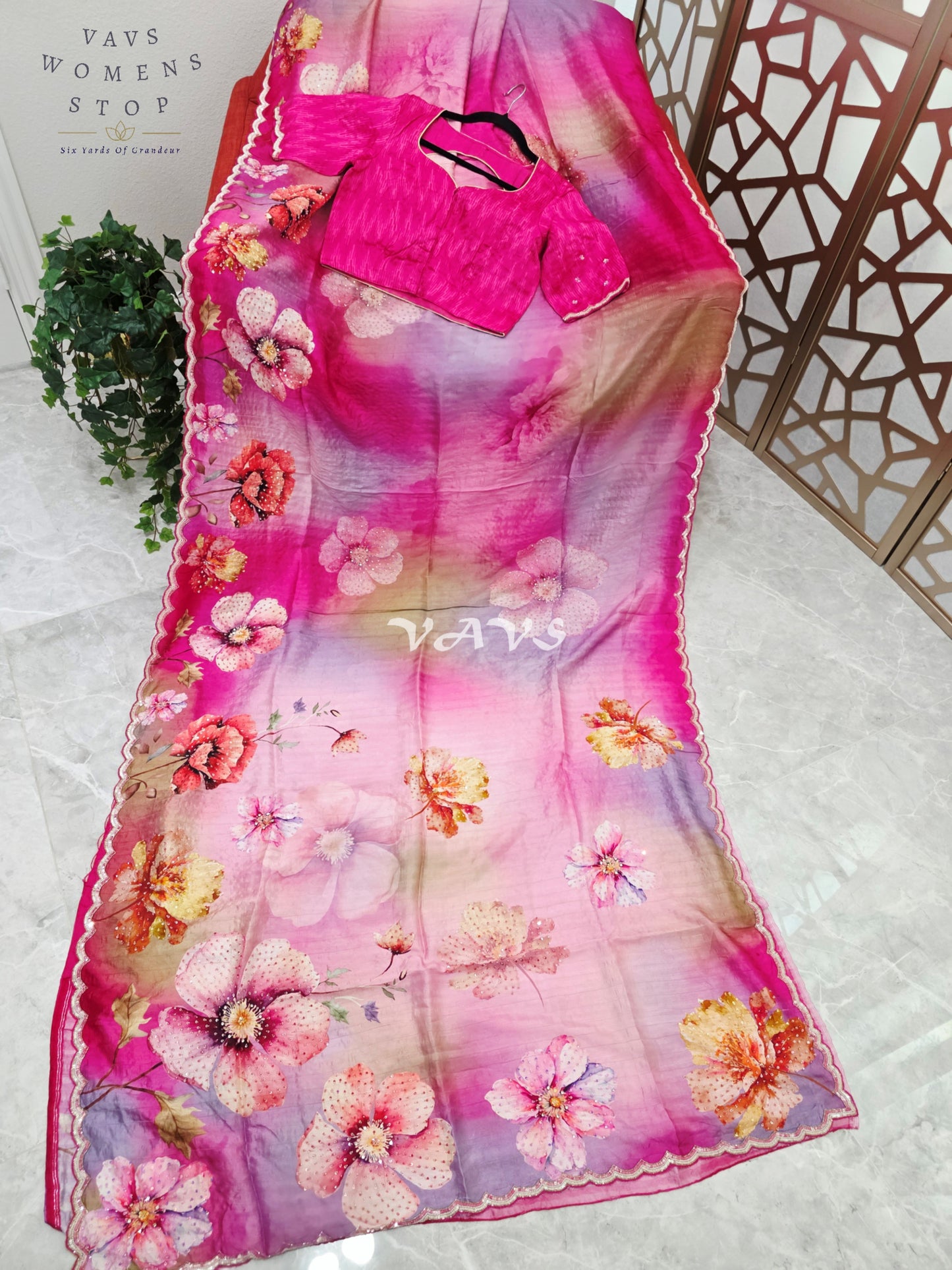 Fuchsia Pink & Lavender Floral Russian Crepe Silk Saree with Scalloped Sequin Border & Stitched Blouse Size 36, Extendable to 42