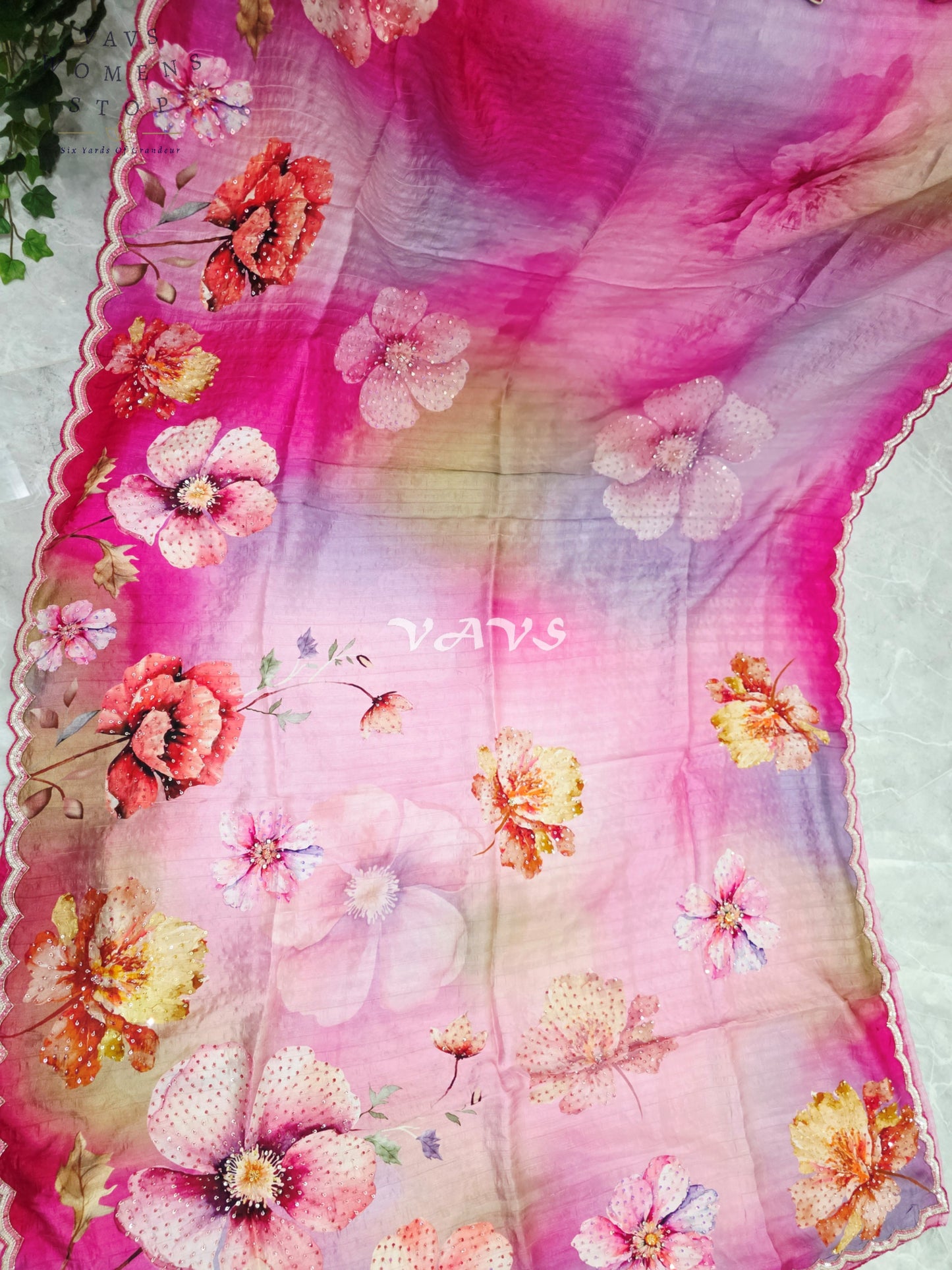 Fuchsia Pink & Lavender Floral Russian Crepe Silk Saree with Scalloped Sequin Border & Stitched Blouse Size 36, Extendable to 42
