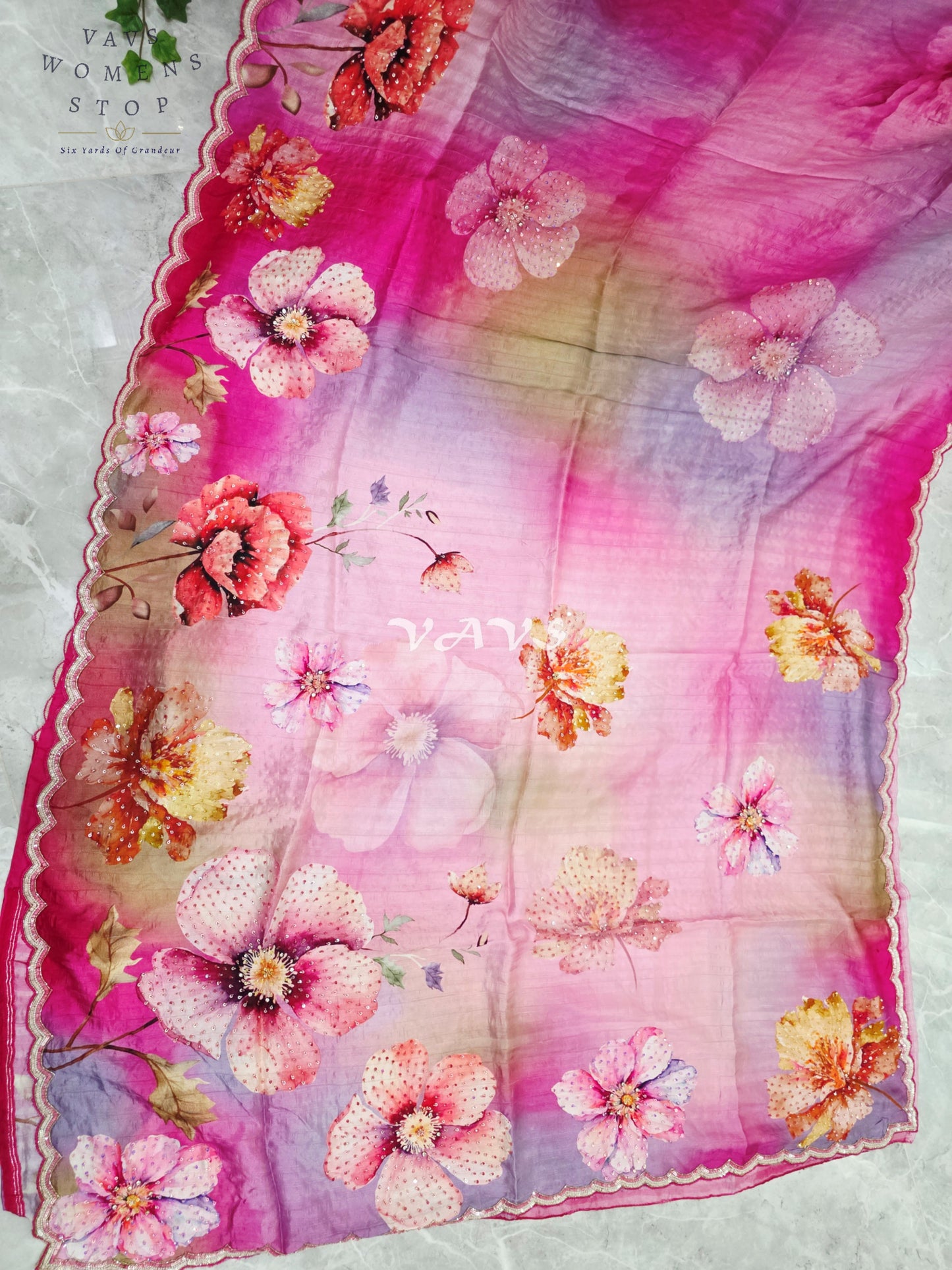Fuchsia Pink & Lavender Floral Russian Crepe Silk Saree with Scalloped Sequin Border & Stitched Blouse Size 36, Extendable to 42