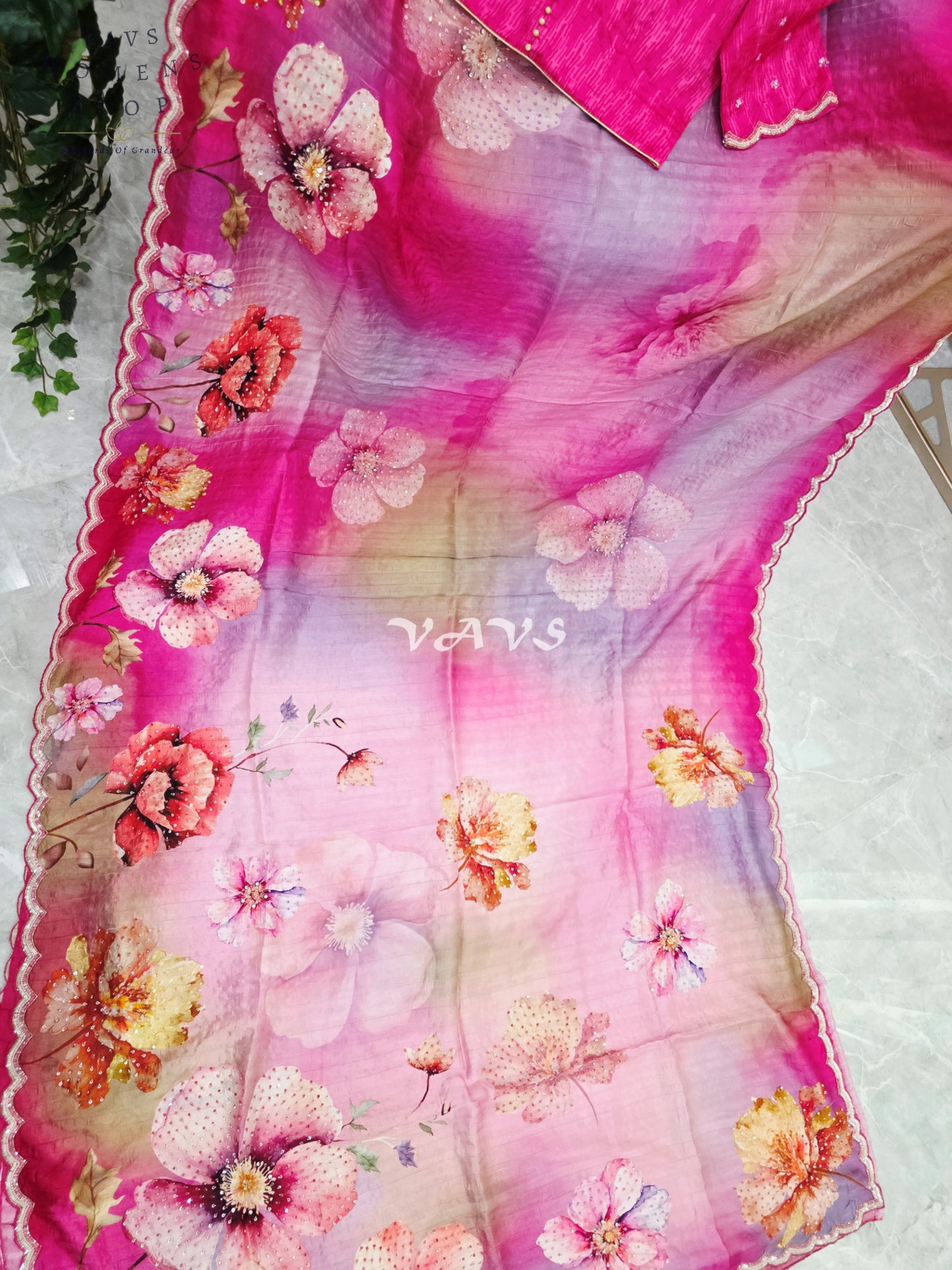 Fuchsia Pink & Lavender Floral Russian Crepe Silk Saree with Scalloped Sequin Border & Stitched Blouse Size 36, Extendable to 42