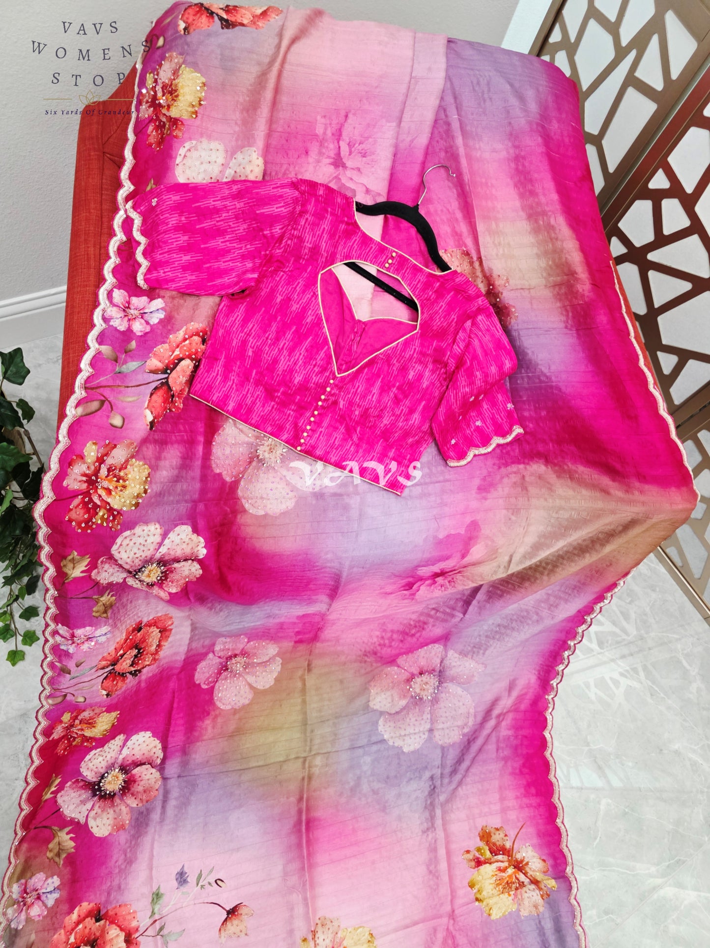 Fuchsia Pink & Lavender Floral Russian Crepe Silk Saree with Scalloped Sequin Border & Stitched Blouse Size 36, Extendable to 42