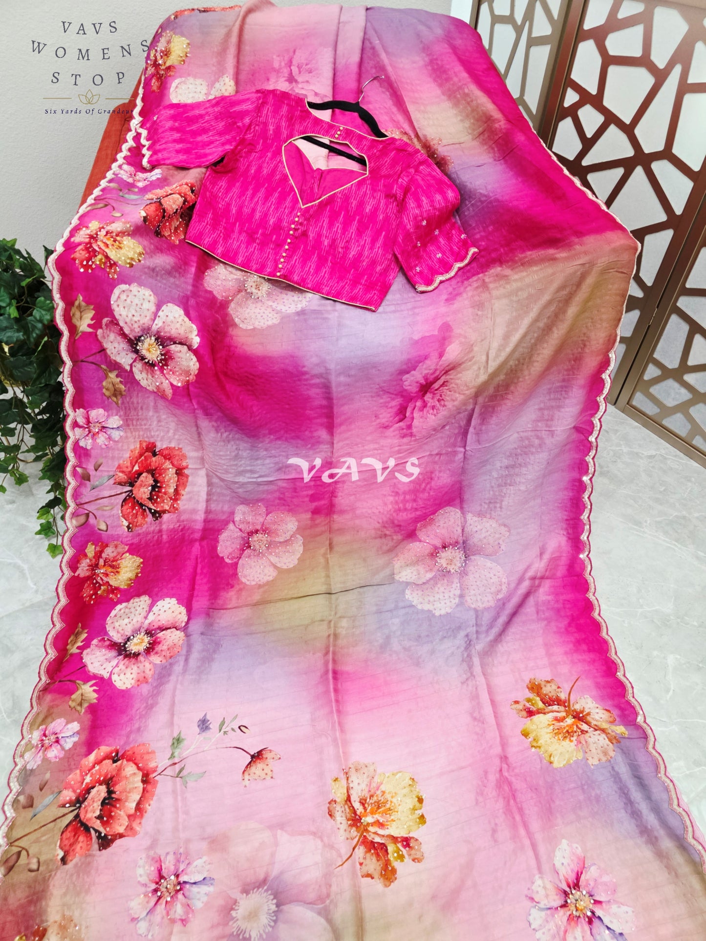Fuchsia Pink & Lavender Floral Russian Crepe Silk Saree with Scalloped Sequin Border & Stitched Blouse Size 36, Extendable to 42