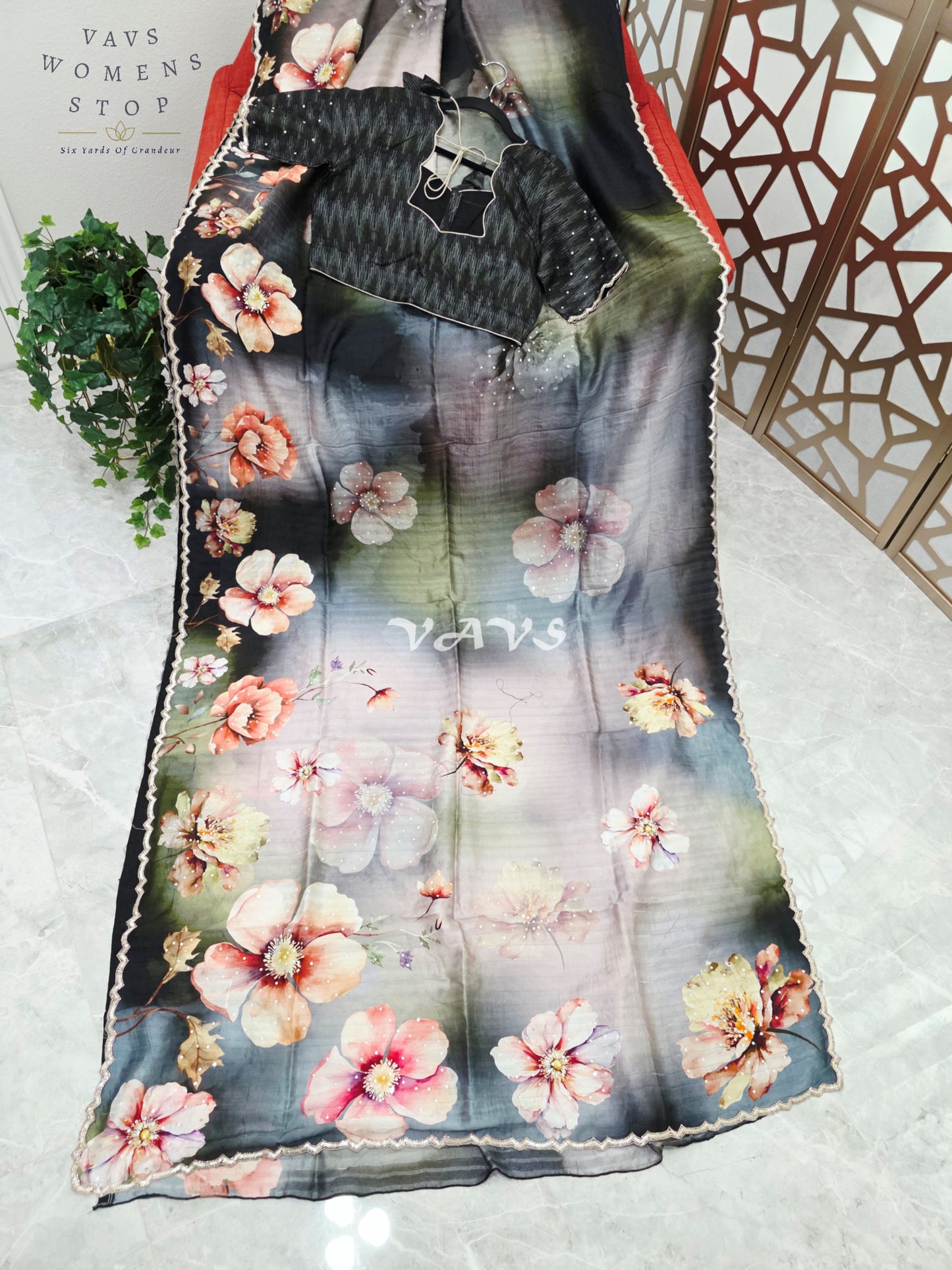 Midnight Black & Smoky Slate Floral Russian Crepe Silk Saree with Scalloped Sequin Border & Stitched Blouse Size 40, Extendable to 46