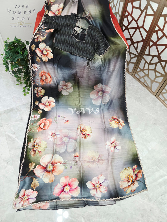 Midnight Black & Smoky Slate Floral Russian Crepe Silk Saree with Scalloped Sequin Border & Stitched Blouse Size 40, Extendable to 46