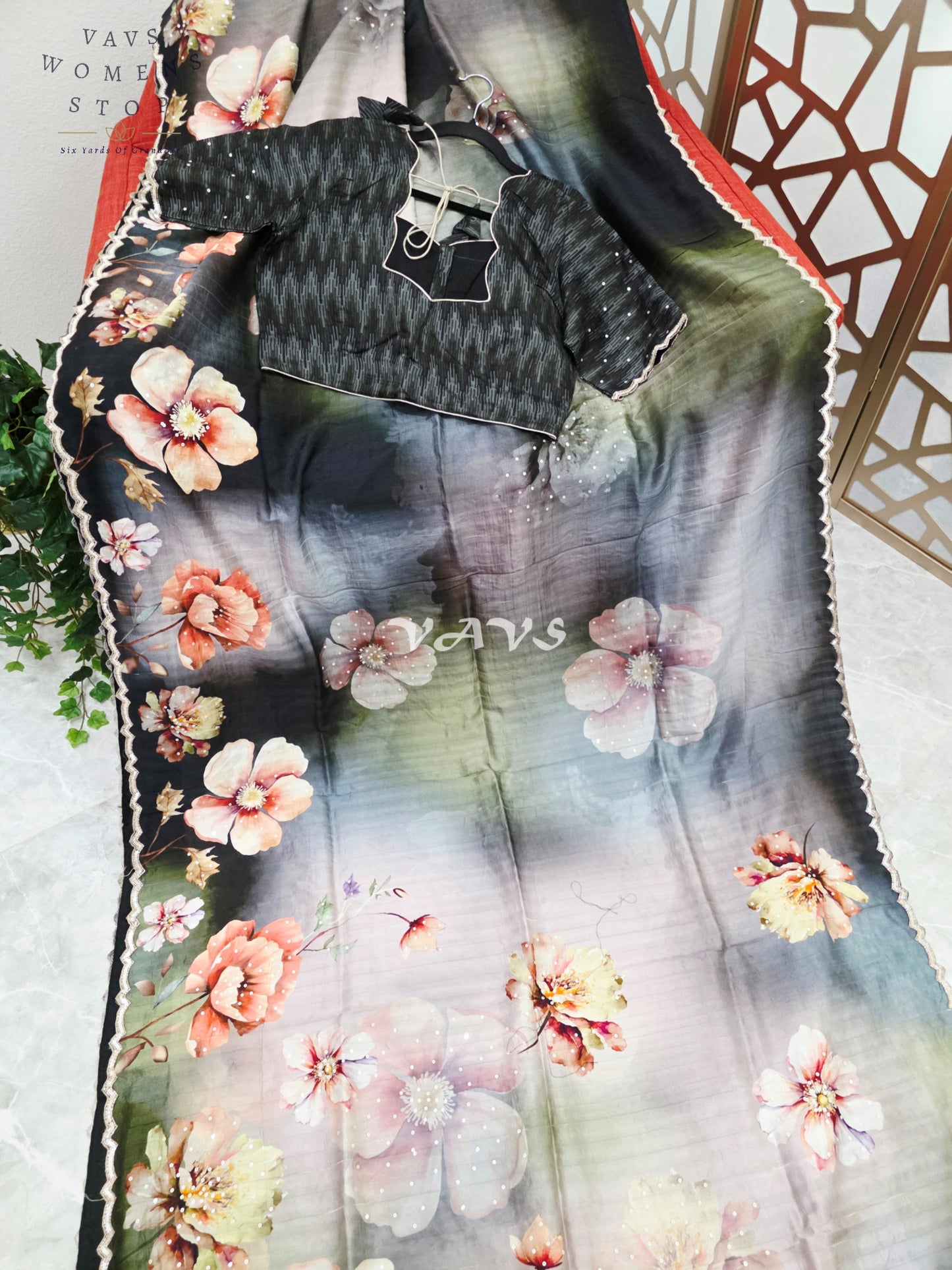Midnight Black & Smoky Slate Floral Russian Crepe Silk Saree with Scalloped Sequin Border & Stitched Blouse Size 40, Extendable to 46