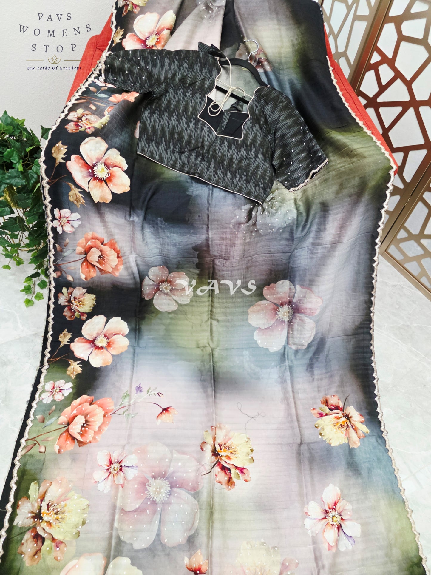 Midnight Black & Smoky Slate Floral Russian Crepe Silk Saree with Scalloped Sequin Border & Stitched Blouse Size 40, Extendable to 46