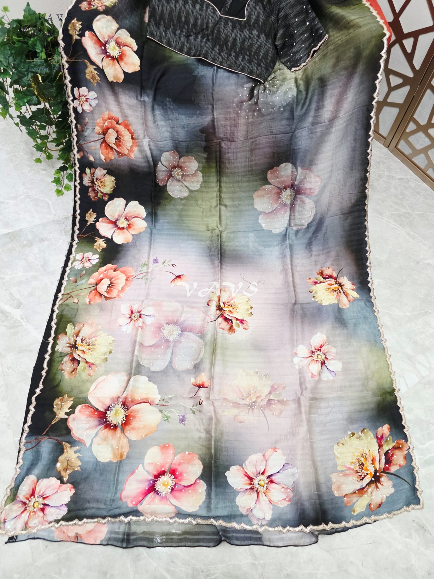 Midnight Black & Smoky Slate Floral Russian Crepe Silk Saree with Scalloped Sequin Border & Stitched Blouse Size 40, Extendable to 46