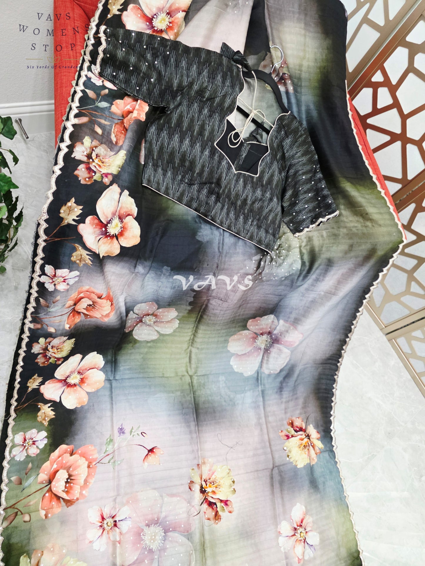 Midnight Black & Smoky Slate Floral Russian Crepe Silk Saree with Scalloped Sequin Border & Stitched Blouse Size 40, Extendable to 46